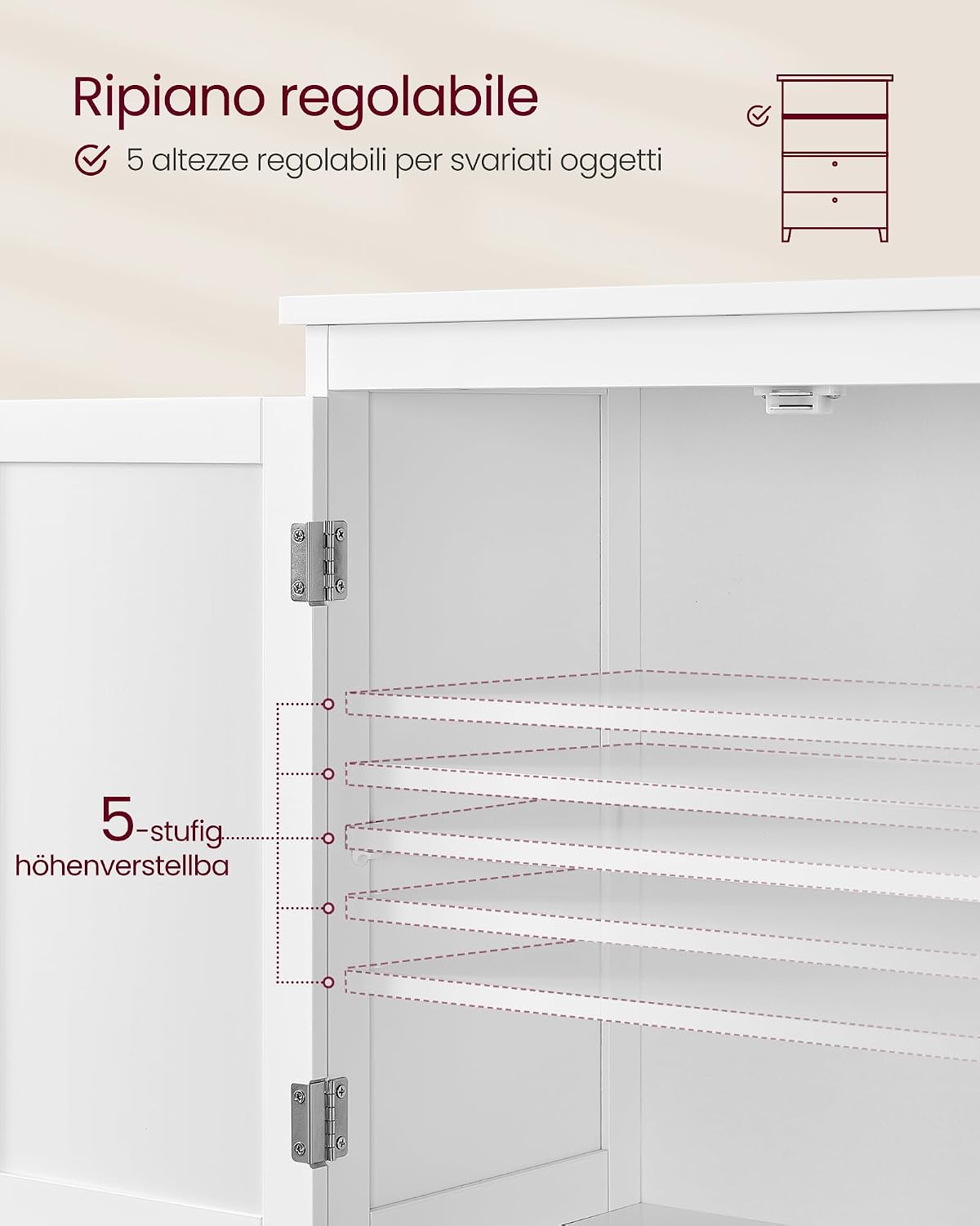Thumbnail 5 de VASAGLE Mobile da Bagno BBC552P31: Mobiletto bianco con 2 vani e ripiani regolabili