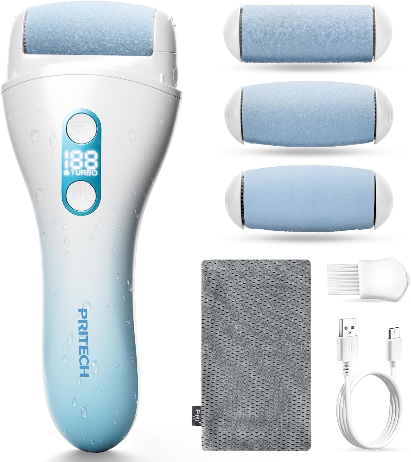 Detalle de PRITECH elektrischer Hornhautentferner für die Fußpflege (wiederaufladbar) – Hornhautfeile mit Turbo-Modus, IPX7, blau