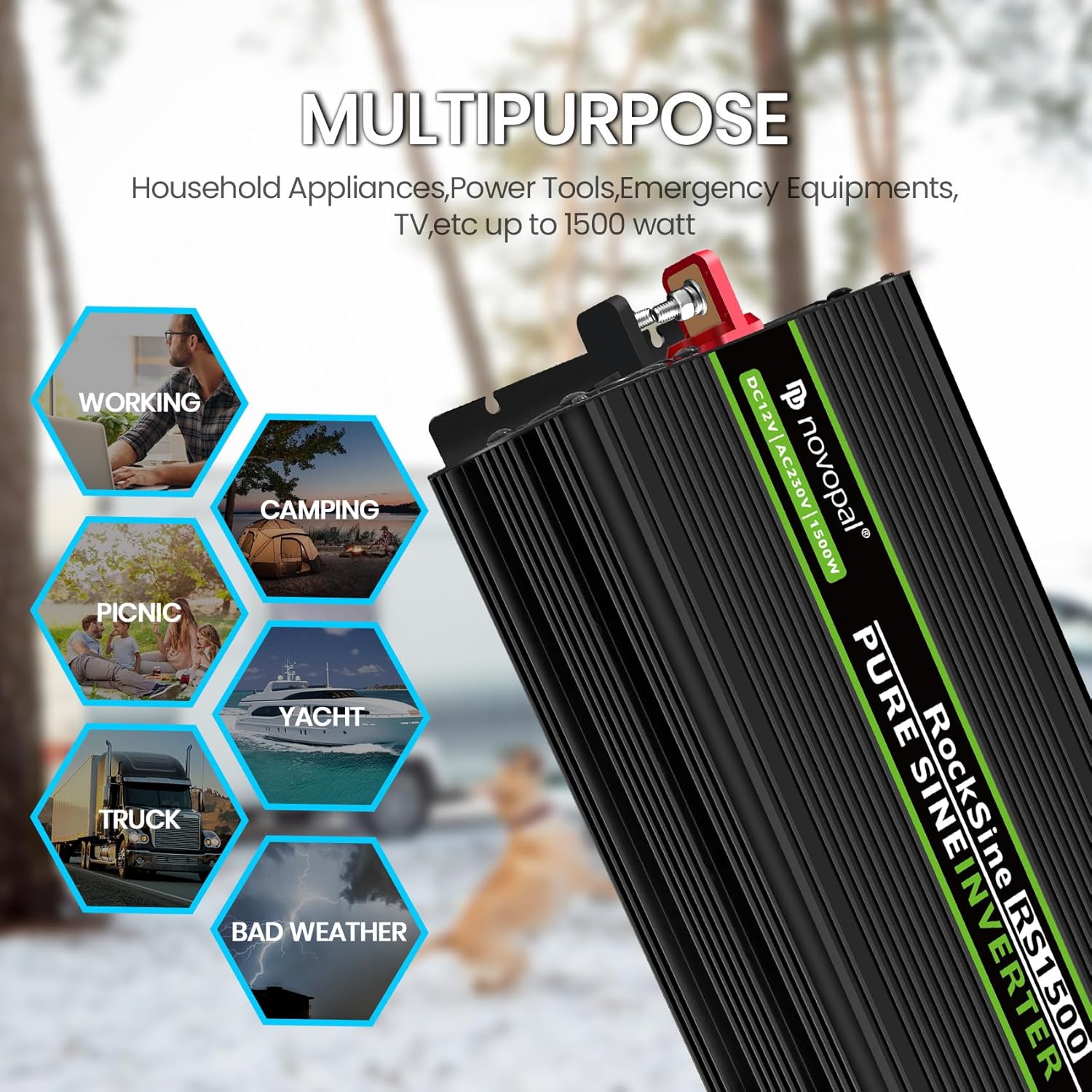 Thumbnail 6 de Novopal Power Inverter onda sinusoidale pura 1500W (12V DC → 220V/230V AC) con telecomando e 2 prese EU