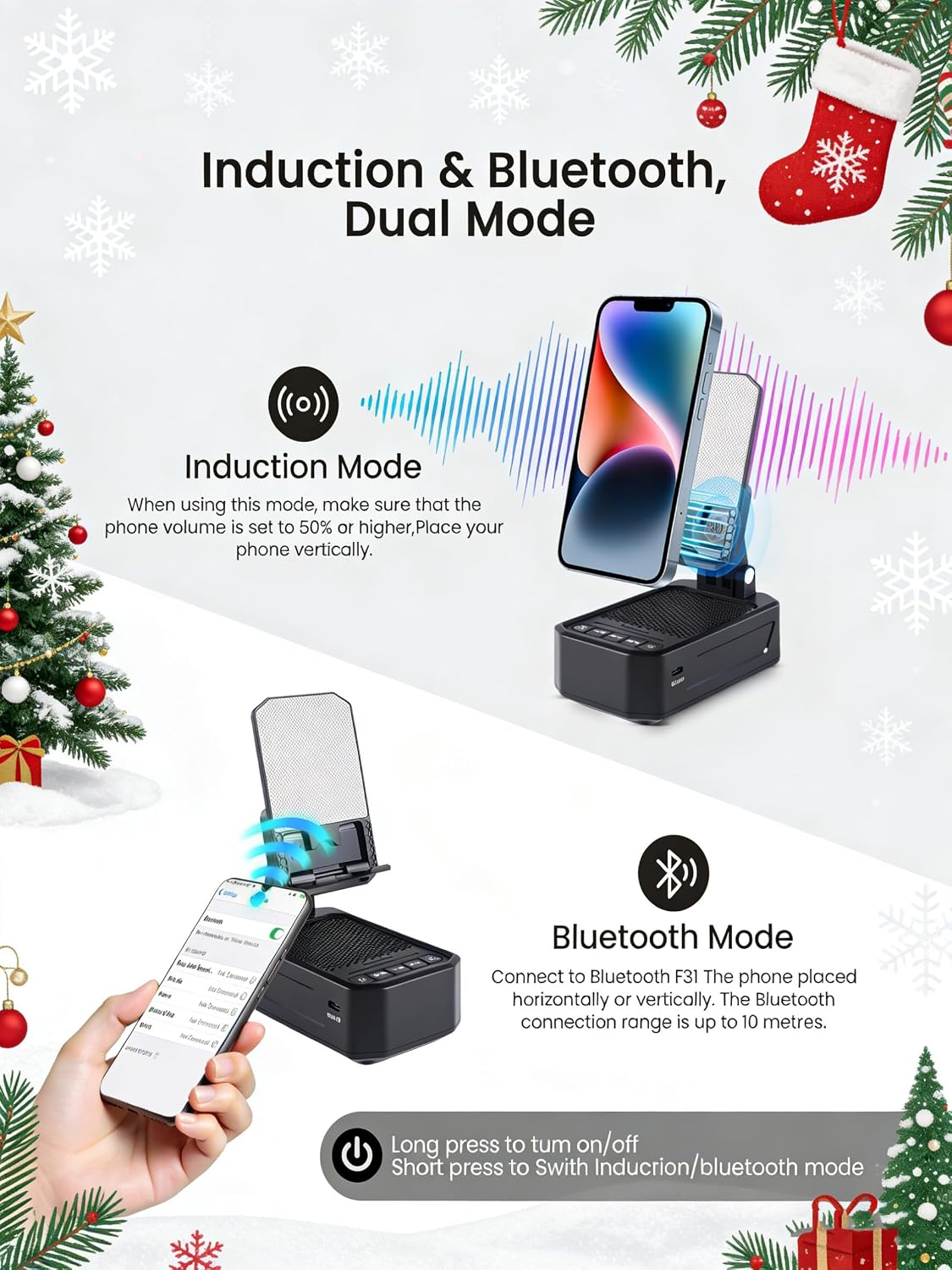 Detalle 2 de INSSISAIN Bluetooth-Lautsprecher mit klappbarer Handyhalterung – BT5.3, Induktionsmodus, 2000 mAh