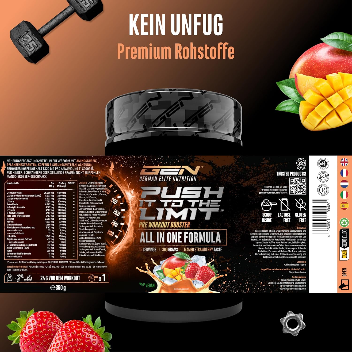 Thumbnail 5 de Push it to the Limit Pre Workout (360 g) mit L-Arginin, Citrullin, Theanin, Rhodiola & Koffein – Mango Strawberry
