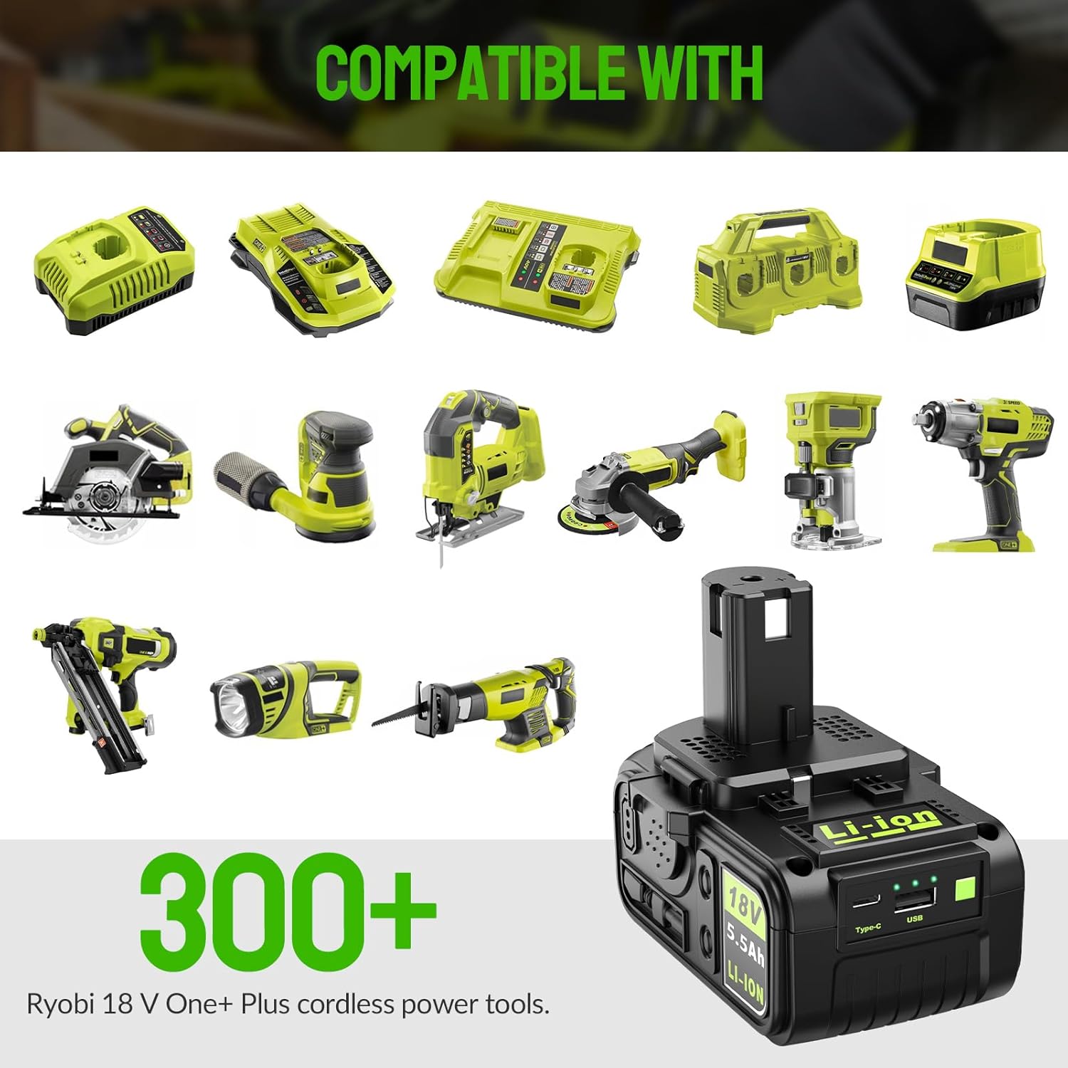 Thumbnail 4 de Bsioff 2 Pack 5.5Ah 18V Battery USB Compatible with Ryobi One+
