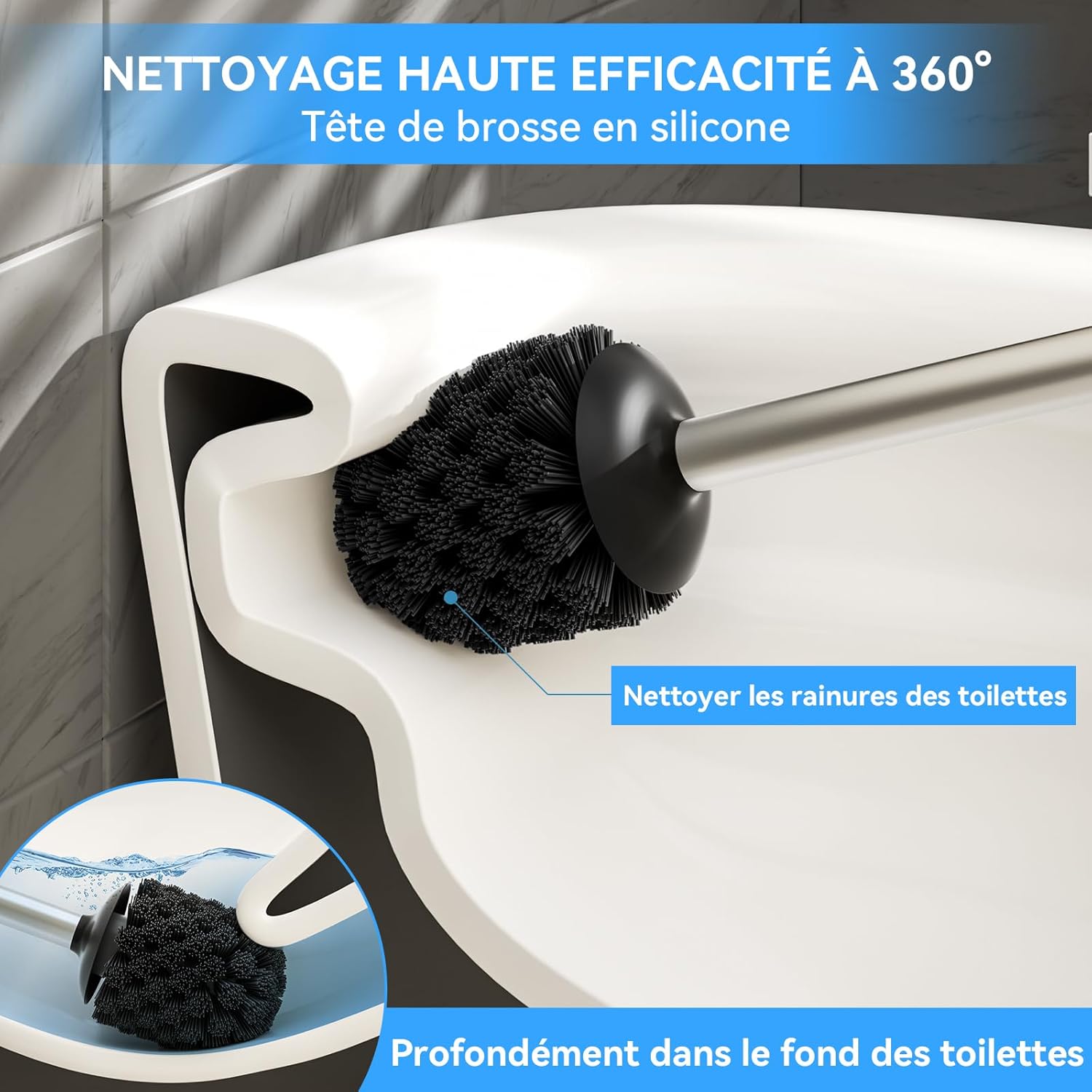Detalle 2 de TOURRAMIT Brosse Toilettes WC en Acier Inoxydable 304 – Balayette sur pied avec tête remplaçable, finition argent brossé