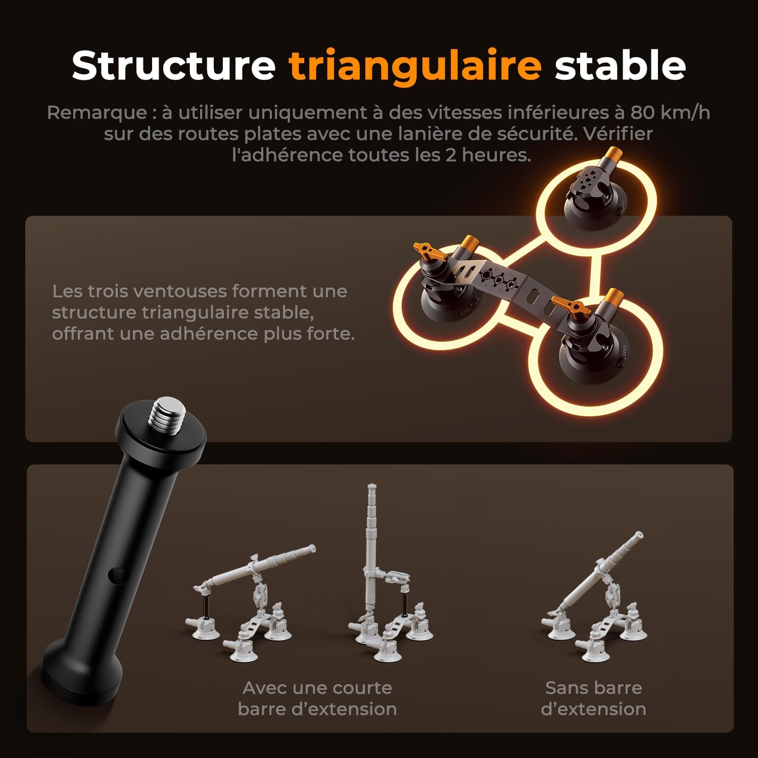 Detalle 2 de K&F CONCEPT Support caméra voiture à 3 ventouses 3" avec perche télescopique et bras magique 360°