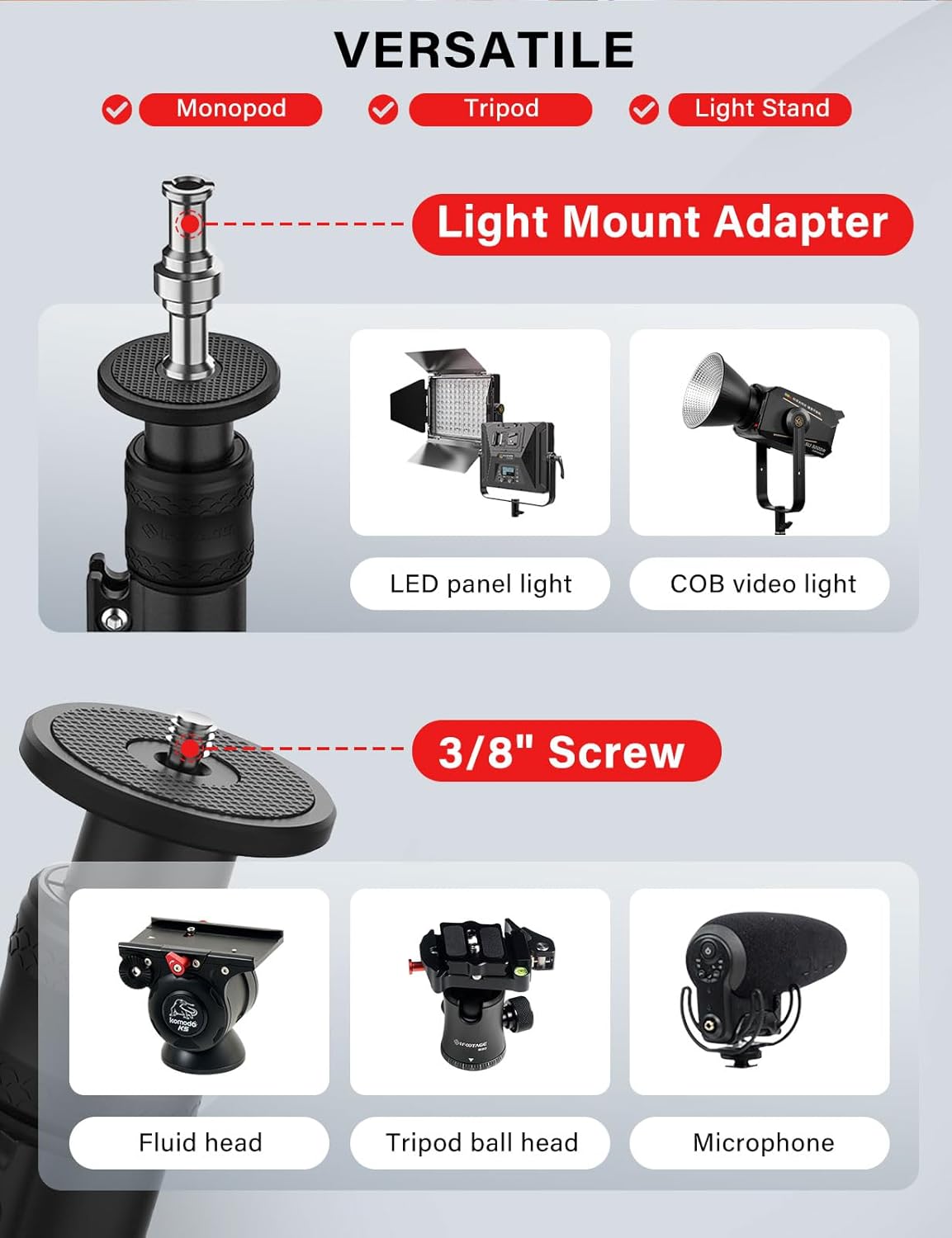 Thumbnail 4 de IFOOTAGE A400 Round Base Monopod (2 Pack) — 79" Studio Light Stand Monopod for Video, Streaming & Interviews