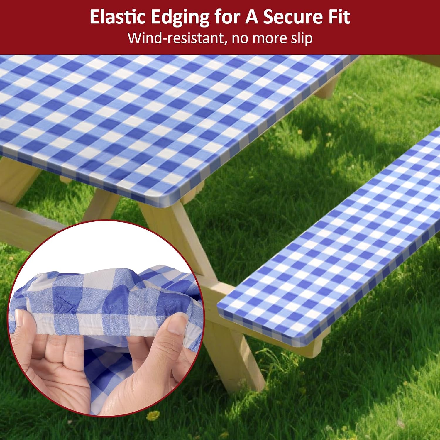 Thumbnail 3 de KENOBEE 6ft Picnic Table and Bench Cover Set, 3-Piece Blue-White Checkered
