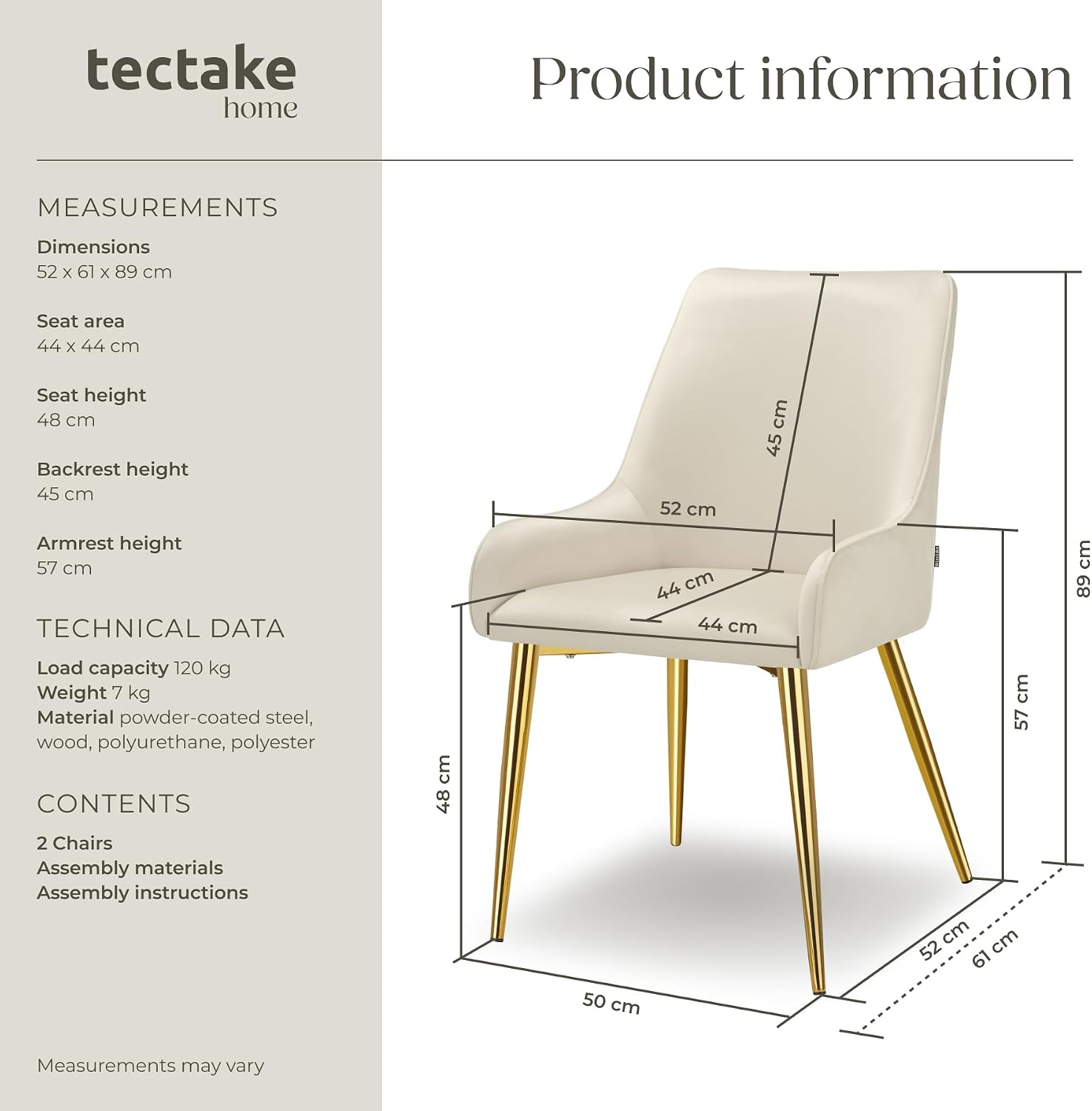 Detalle de tectake Avane 405476 matstolar i sammet, beige 2-pack, vadderade, 120 kg