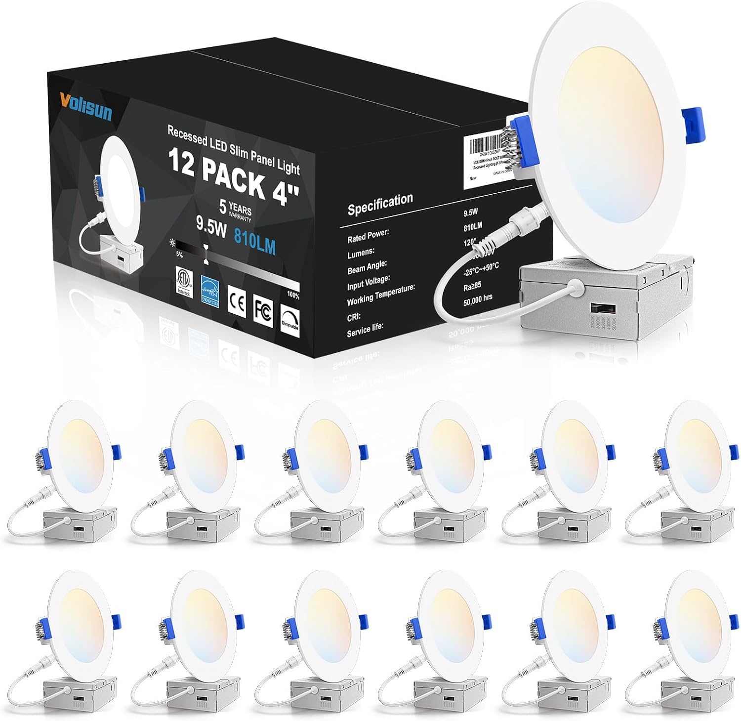 Detalle de VOLISUN VOLISUN-518HN-4in 4-Inch Slim LED Recessed Lights, 12-Pack, 5 CCT