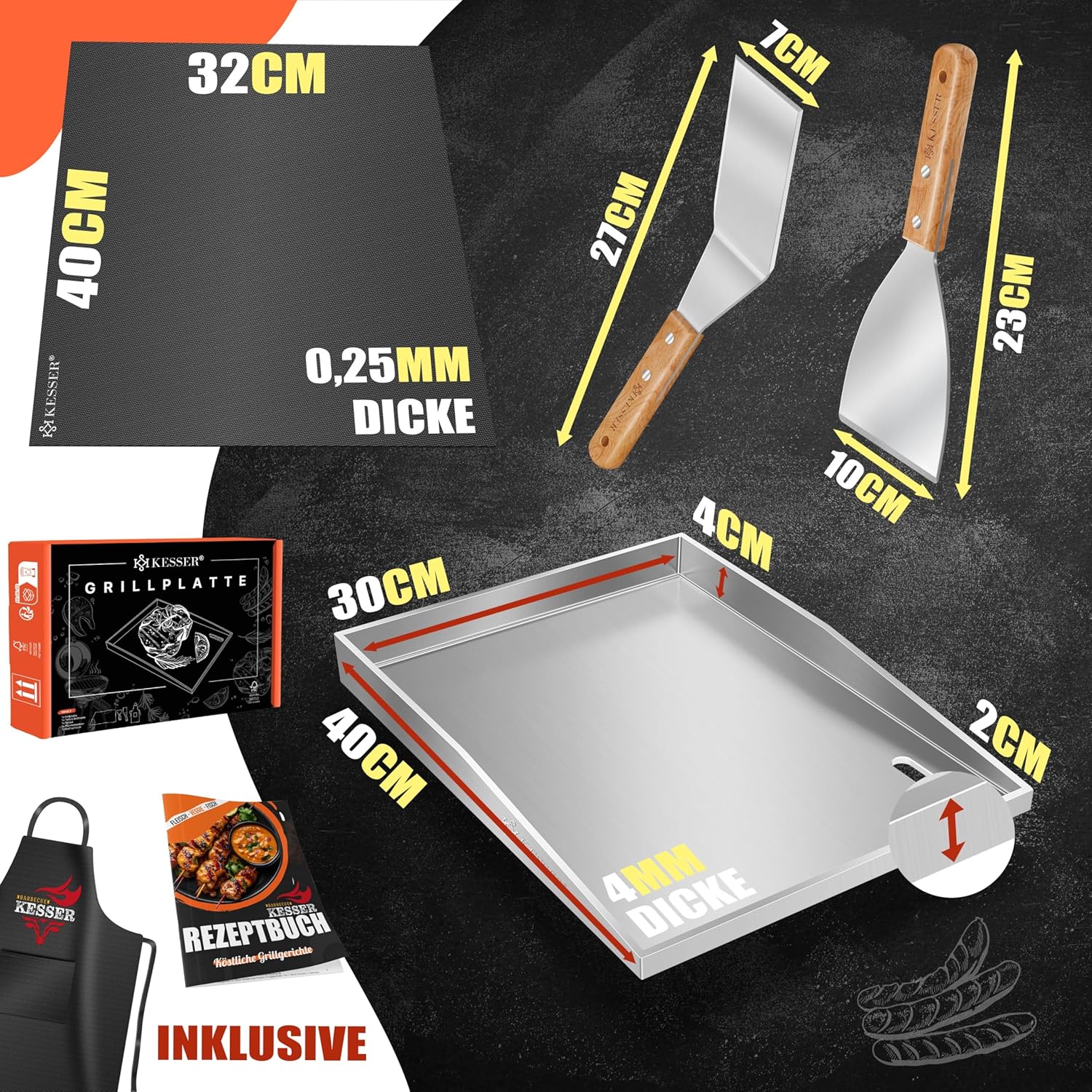 Thumbnail 6 de KESSER Plancha Grillplatte aus Edelstahl mit Deckel (40 x 30 cm) bis 800 °C, mit Fettablauf – inkl. 2 Spatel, Schürze, Grillmatte & Rezeptbuch