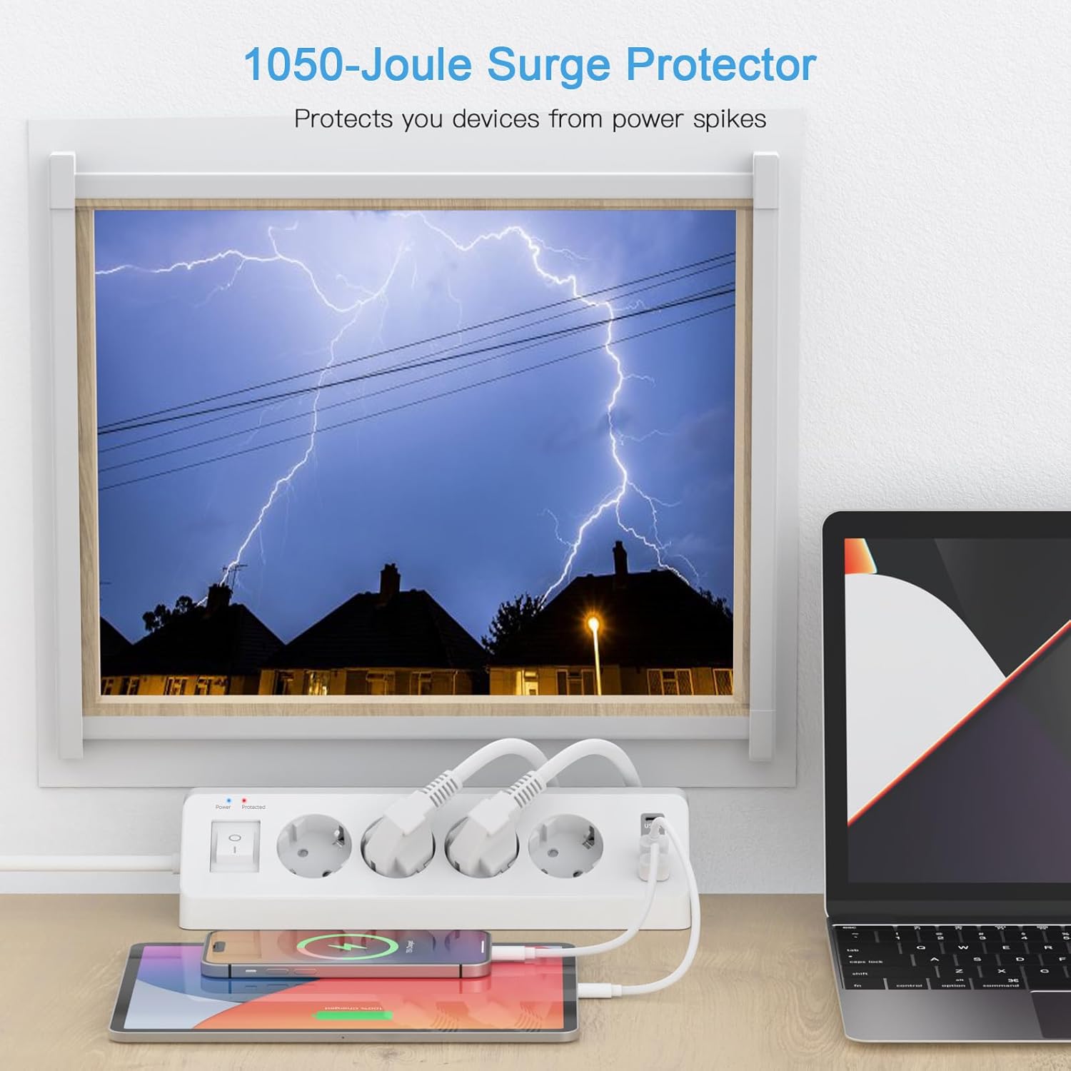 Detalle de 4 Fach Steckdosenleiste mit USB C – Ecksteckdose mit Schalter, 3 m Kabel