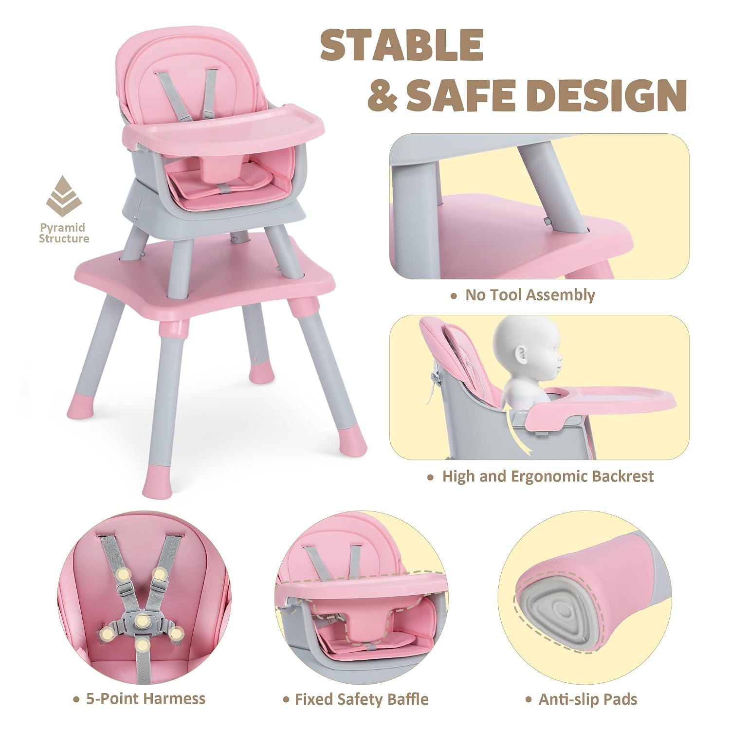 Thumbnail 3 de TODEFULL 8-in-1 Baby High Chair with Removable Tray and Convertible Seating
