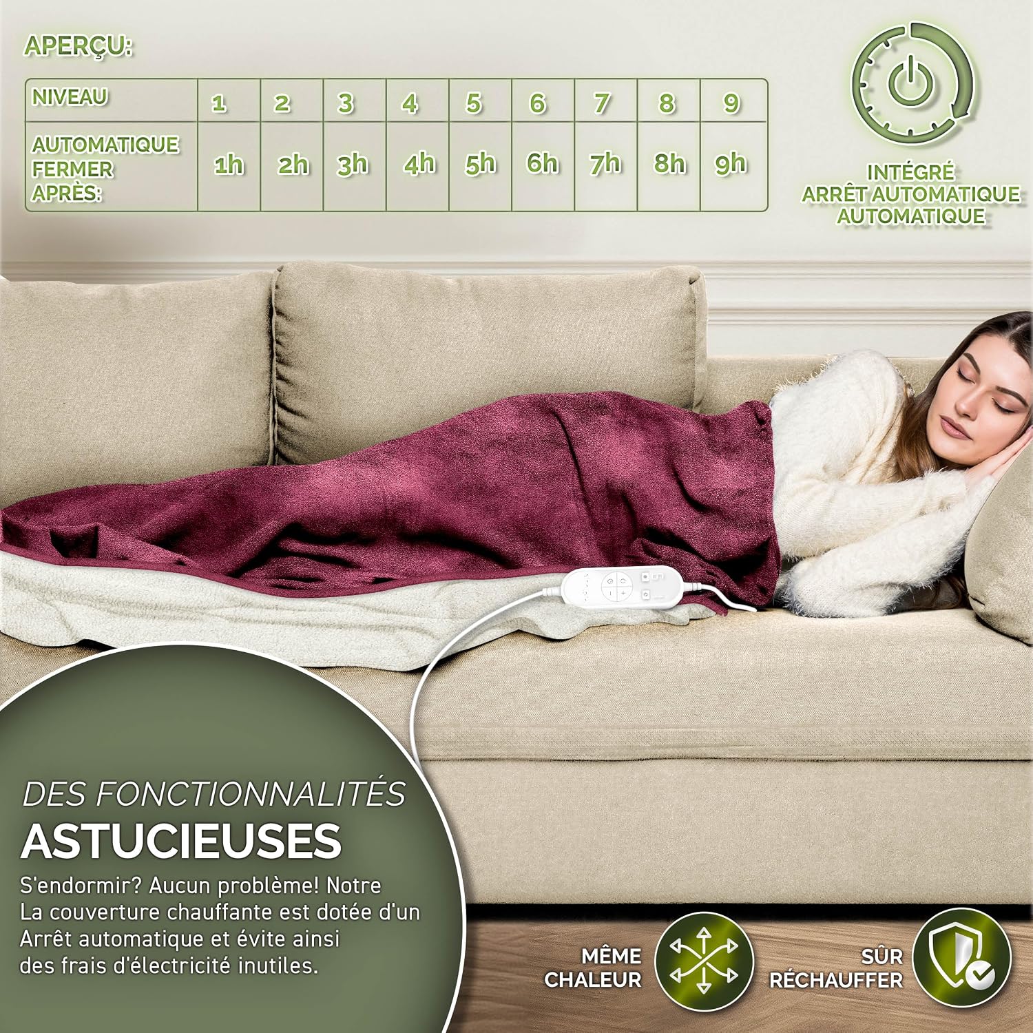 Detalle 2 de sinnlein® Couverture chauffante 180 x 130 cm avec arrêt automatique – Douillette, lavable