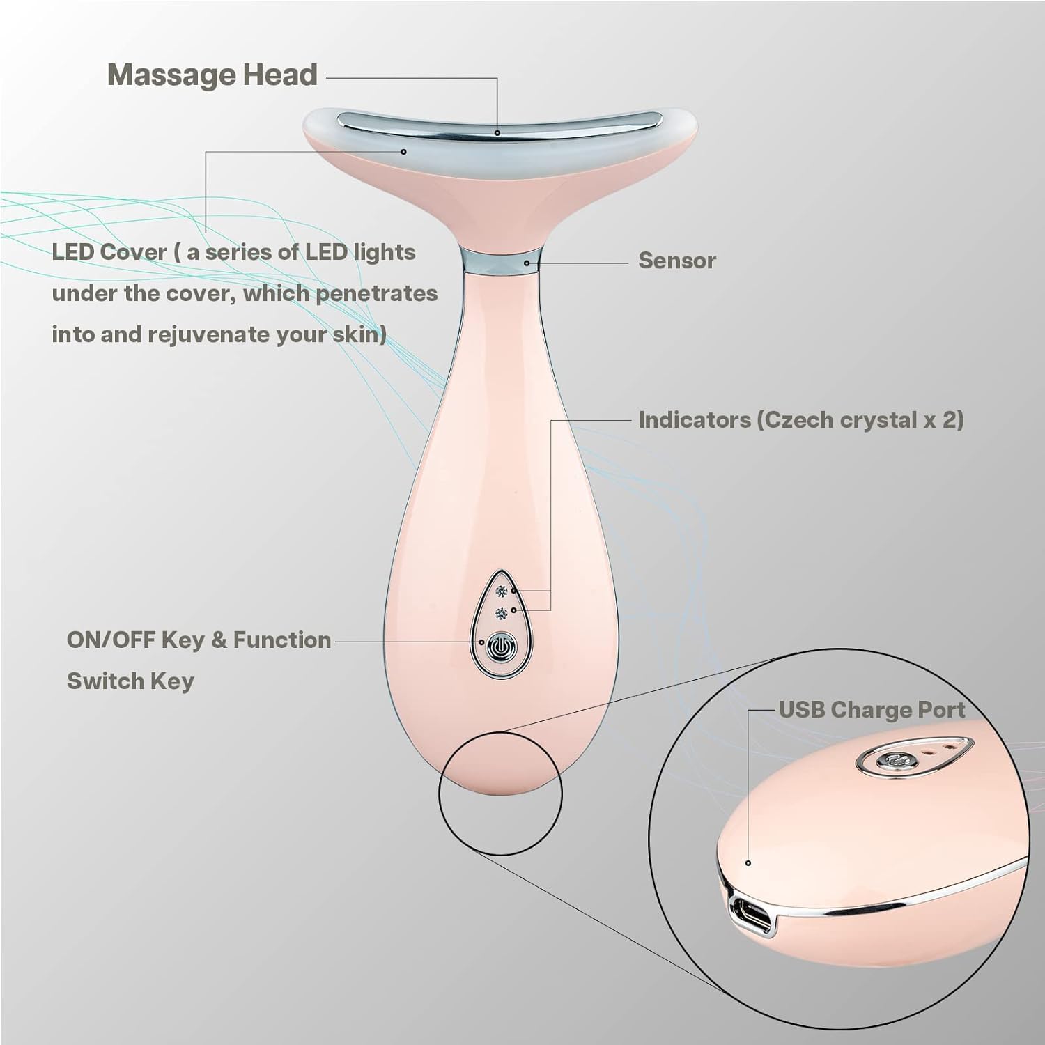 Detalle de VRAIKO Lily Neck massage du visage – massage du cou avec thérapie thermique, LED triple action et vibration