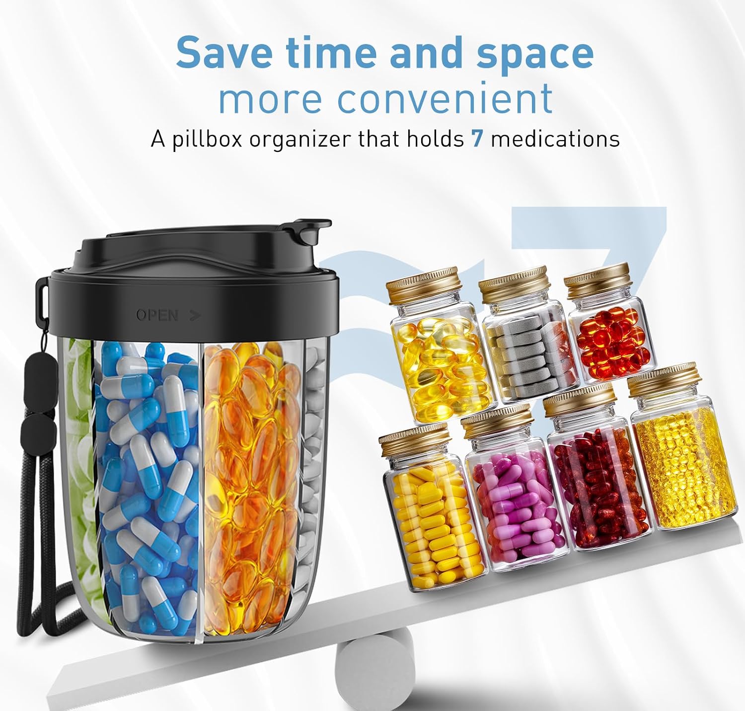 Detalle de MEI NIAN 7-Compartment Pill Organizer, Black, Airtight with Wide Openings