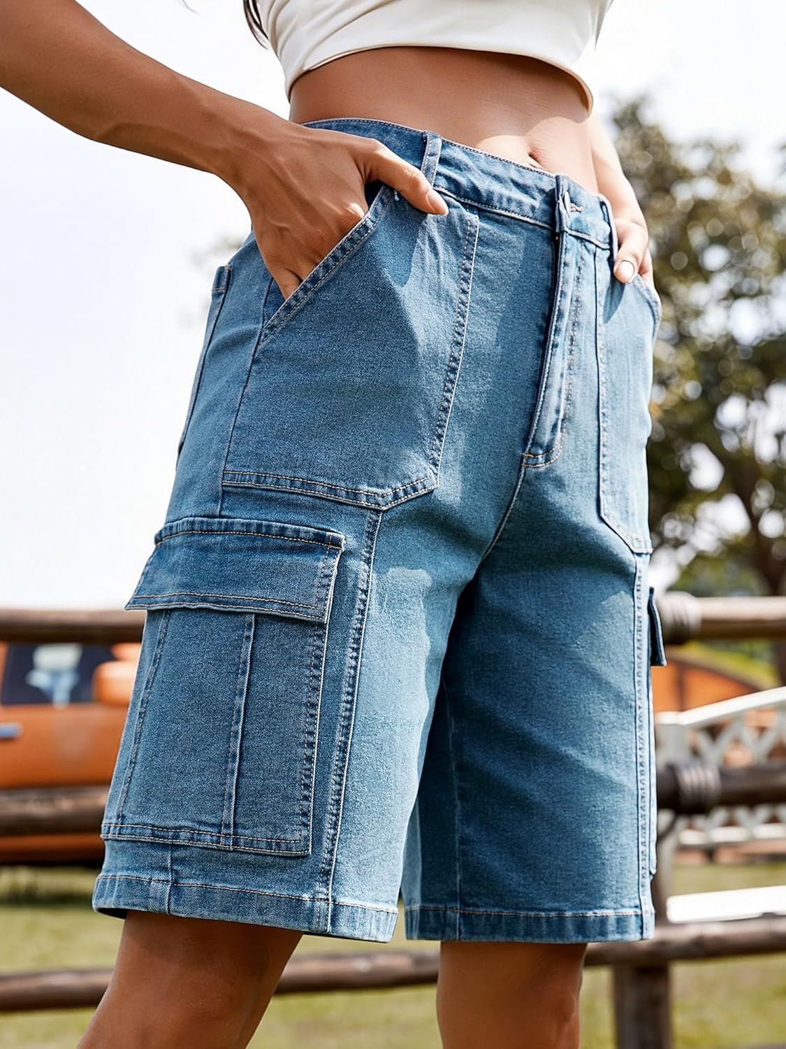 Detalle de StylSense Damen Cargo Jeans Shorts mit hohem Bund – Baumwolle & Elasthan, 6 Taschen