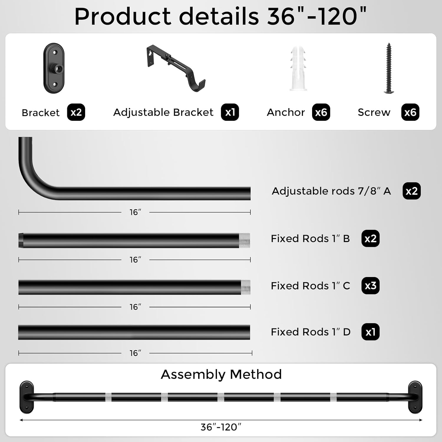 Thumbnail 6 de Wolistsa Adjustable Wrap Around Blackout Curtain Rod (66 to 120 Inch) in Black