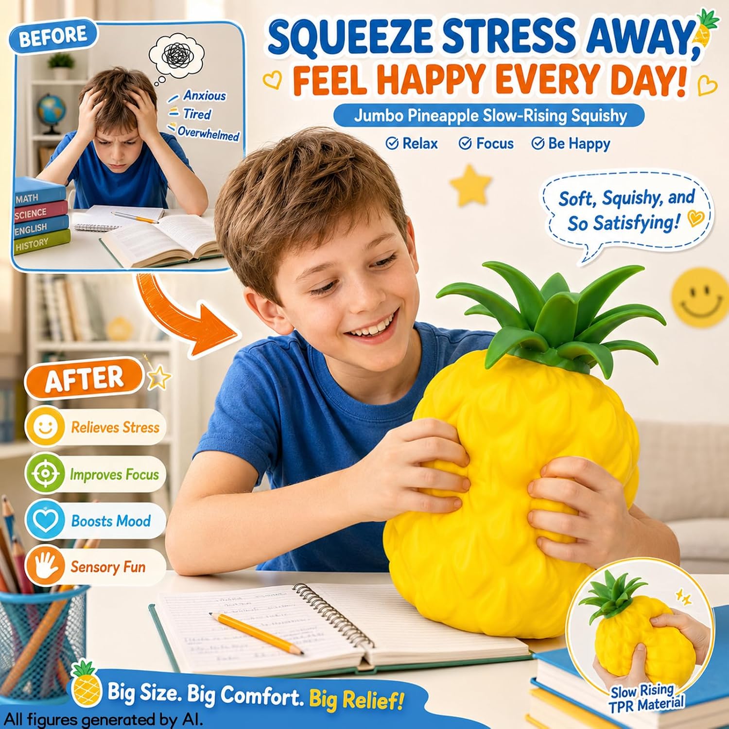 Detalle 2 de BREIS mianfen-shucai Jumbo Pineapple Squishy Toy, Yellow Sensory Fidget