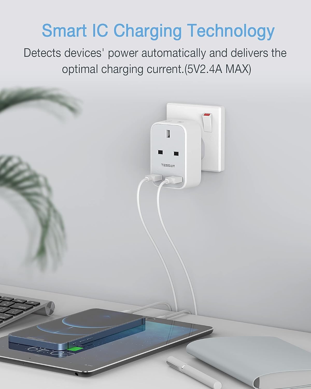 Thumbnail 6 de TESSAN Shaver Plug Adaptor UK with Double USB