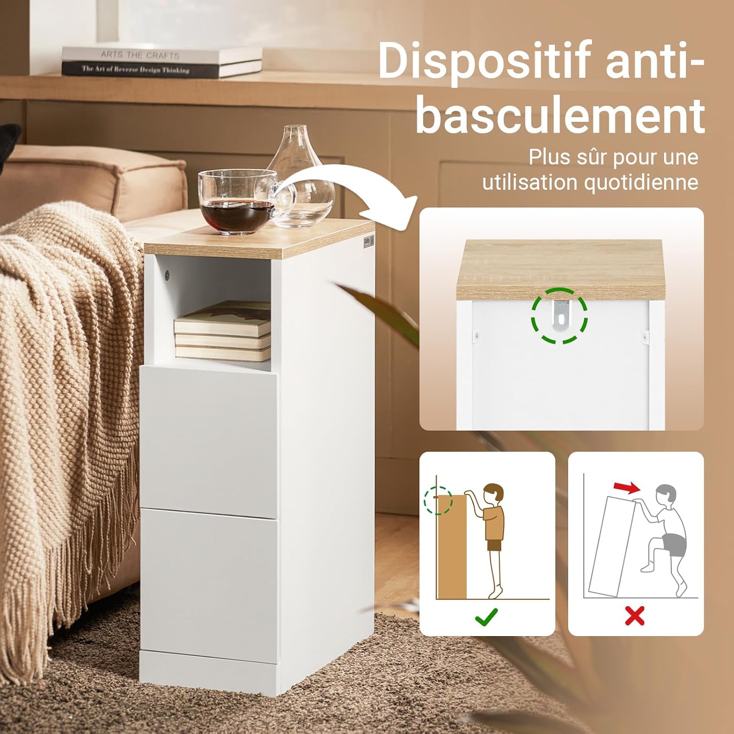 Detalle de SoBuy Lot de 2 Tables de Chevet étroites 20 cm – Tables de Nuit avec 2 tiroirs, blanc, L20 x P35 x H60 cm (FBT149-WNx2)