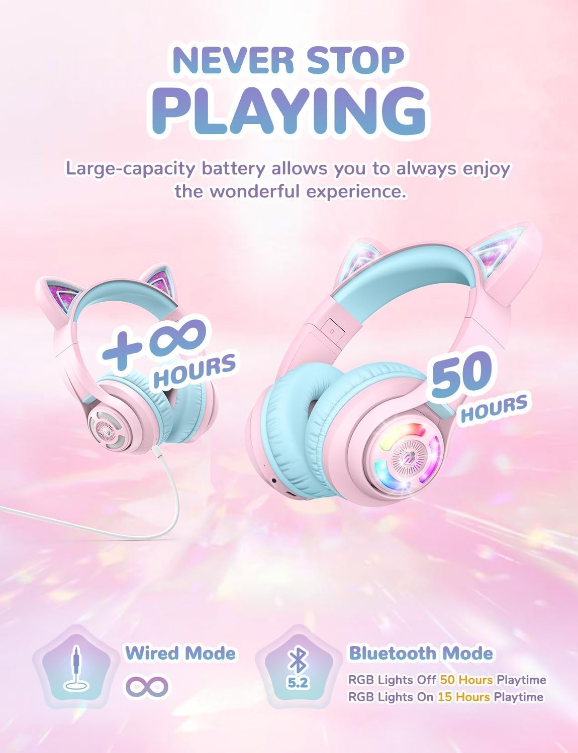 Detalle 2 de iClever Bluetooth Kopfhörer Kinder mit Katzenohr-LED, MIC und 3,5-mm-Kabel (BTH13, 50 Std. Spielzeit)