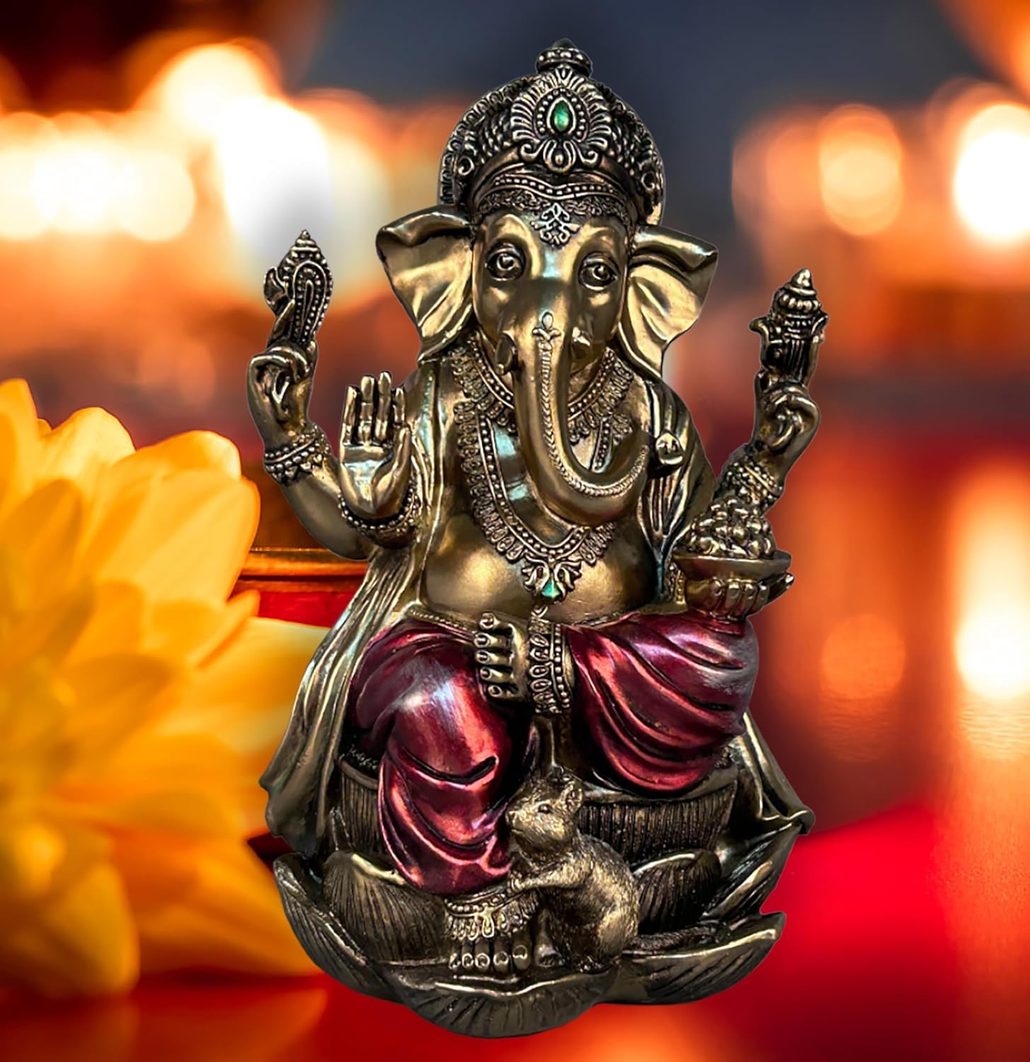 Thumbnail 2 de Statue JORAE de Ganesh & Bouddha assis sur un lotus (éléphant, bronze antique) – Figurine de méditation – 18,3 cm, polyrésine