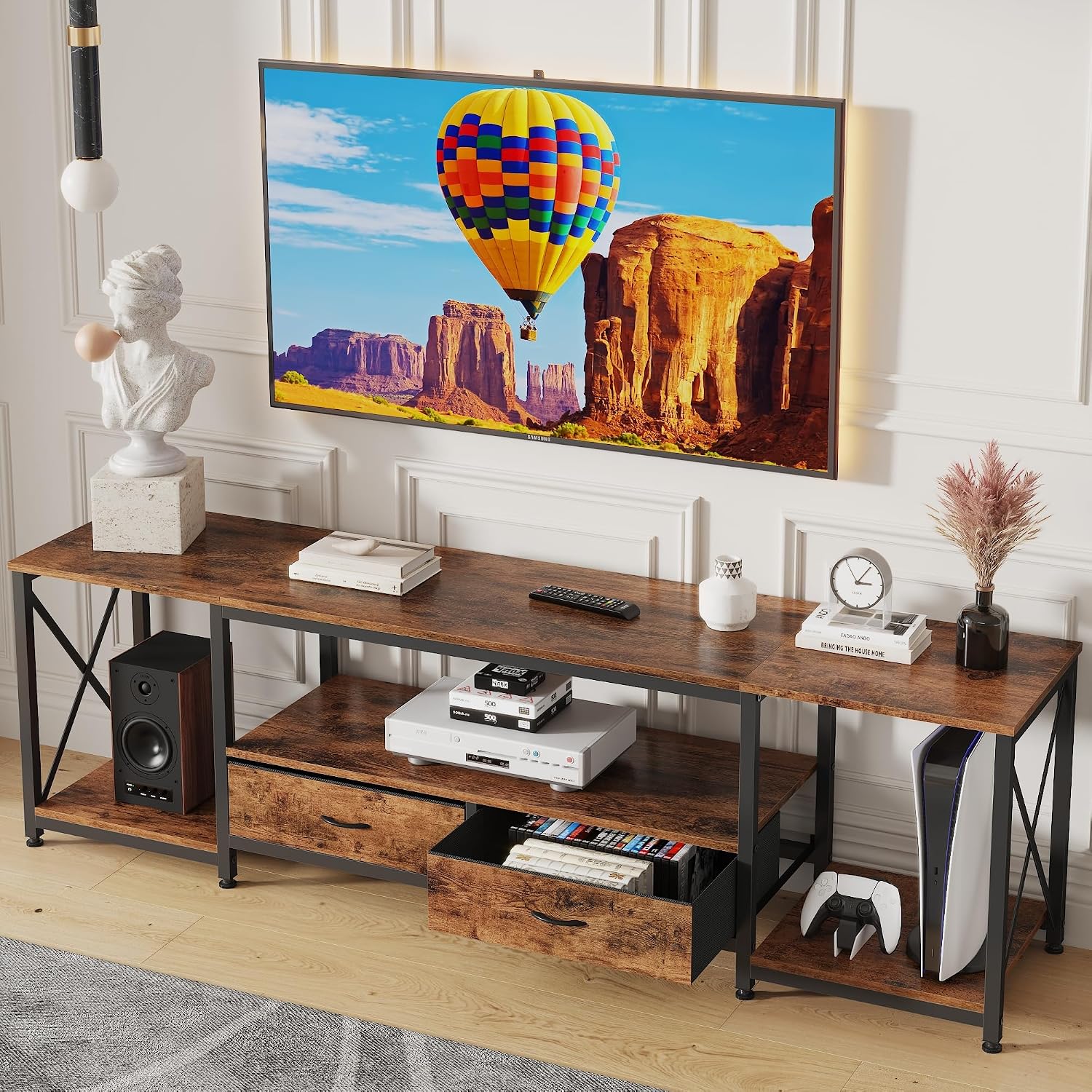 Detalle de GYIIYUO TVS019 TV Stand for 75–80-Inch TVs, Two Drawers, Rustic Brown