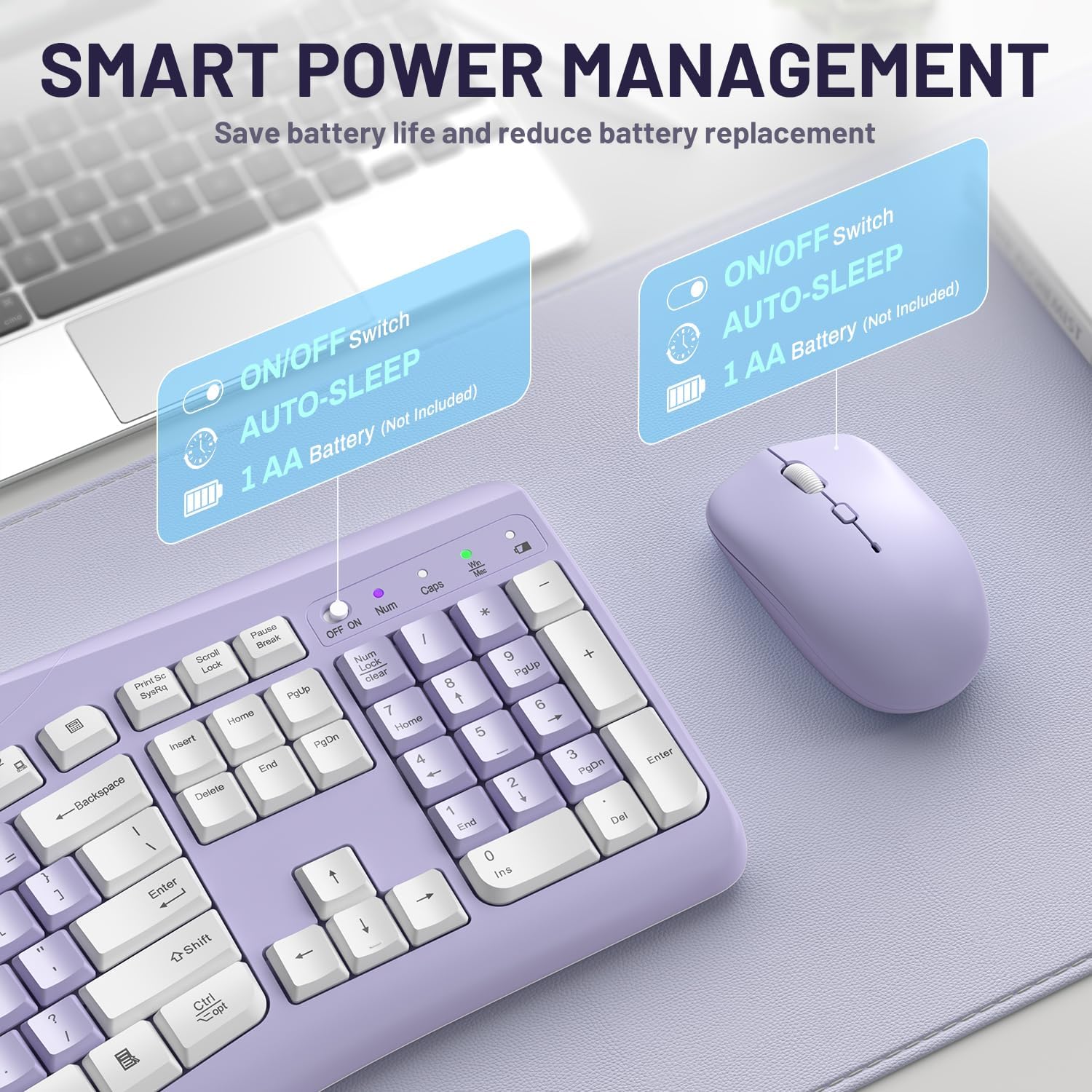 Thumbnail 6 de RECCAZR Wireless Keyboard and Mouse Combo, Quiet Curved Design, Purple