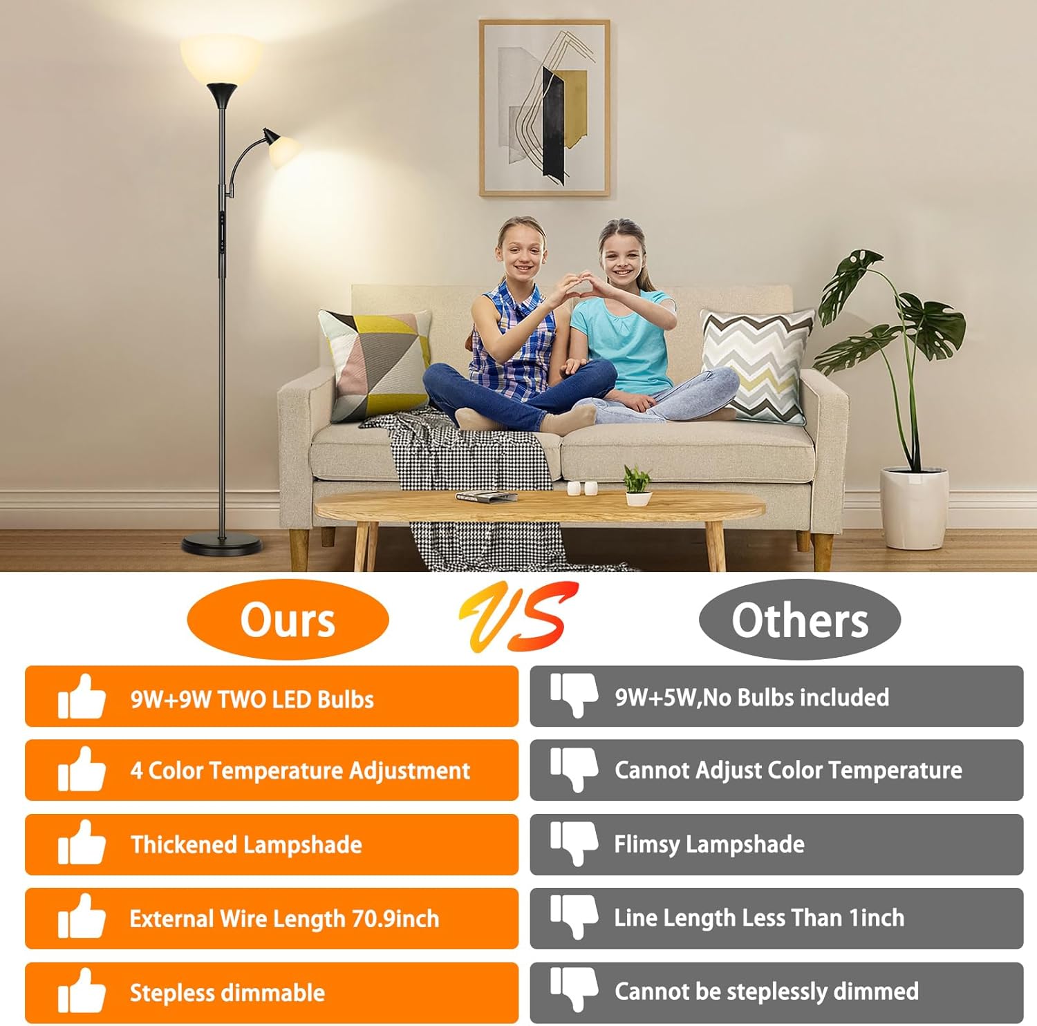 Detalle de OUTON Dimmable LED Floor Lamp with Touch Control, Remote & App (Uplighter + Reading Goose Neck) and 1-Hour Timer