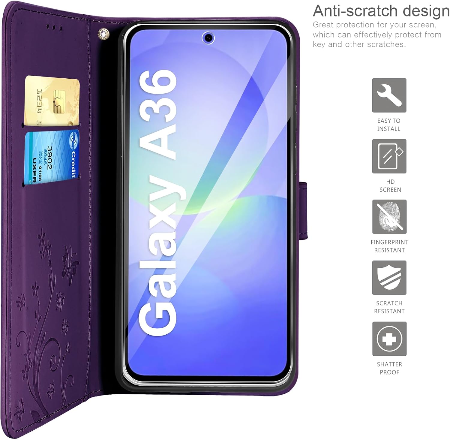 Thumbnail 2 de AROYI Lederhülle Galaxy A36 5G Dunkel Violett