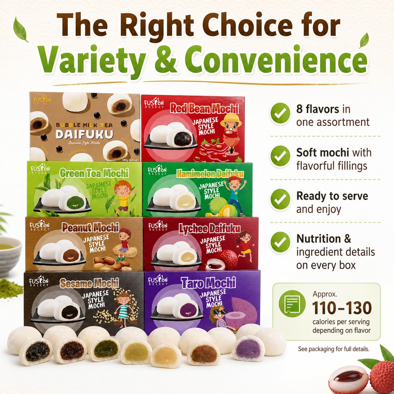 Detalle de Fusion Select Japanese Mochi 8-Flavor Variety Pack, Sweet-Filled Assortment
