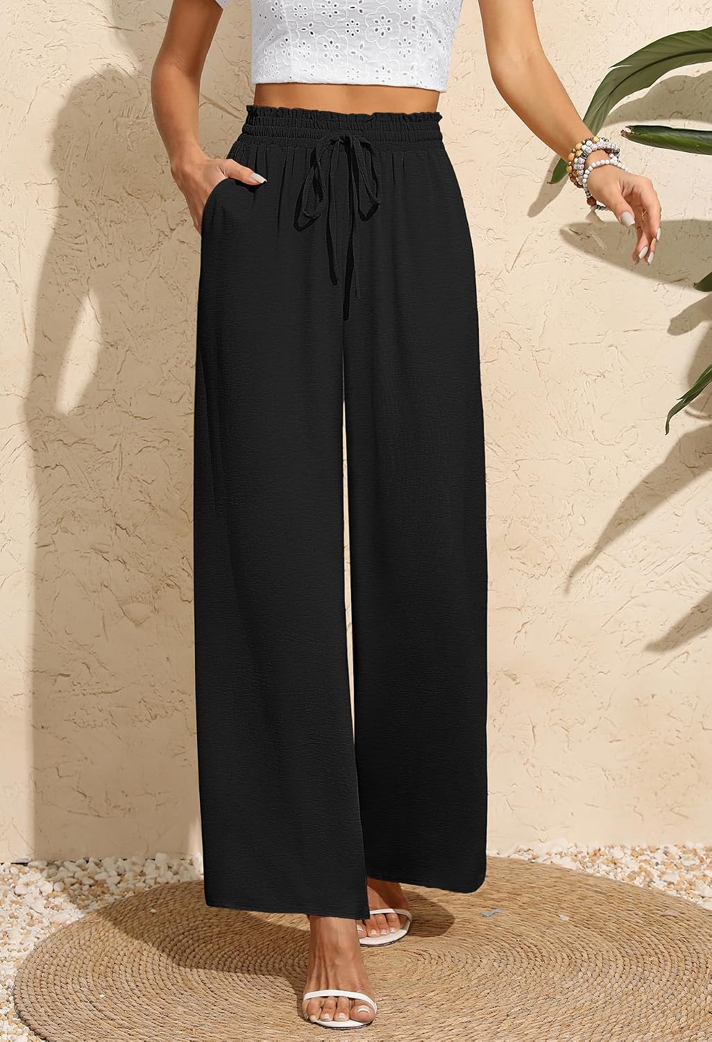 Detalle de BEIGAI Women Trousers: Elasticated High Waist Wide Leg with Pockets