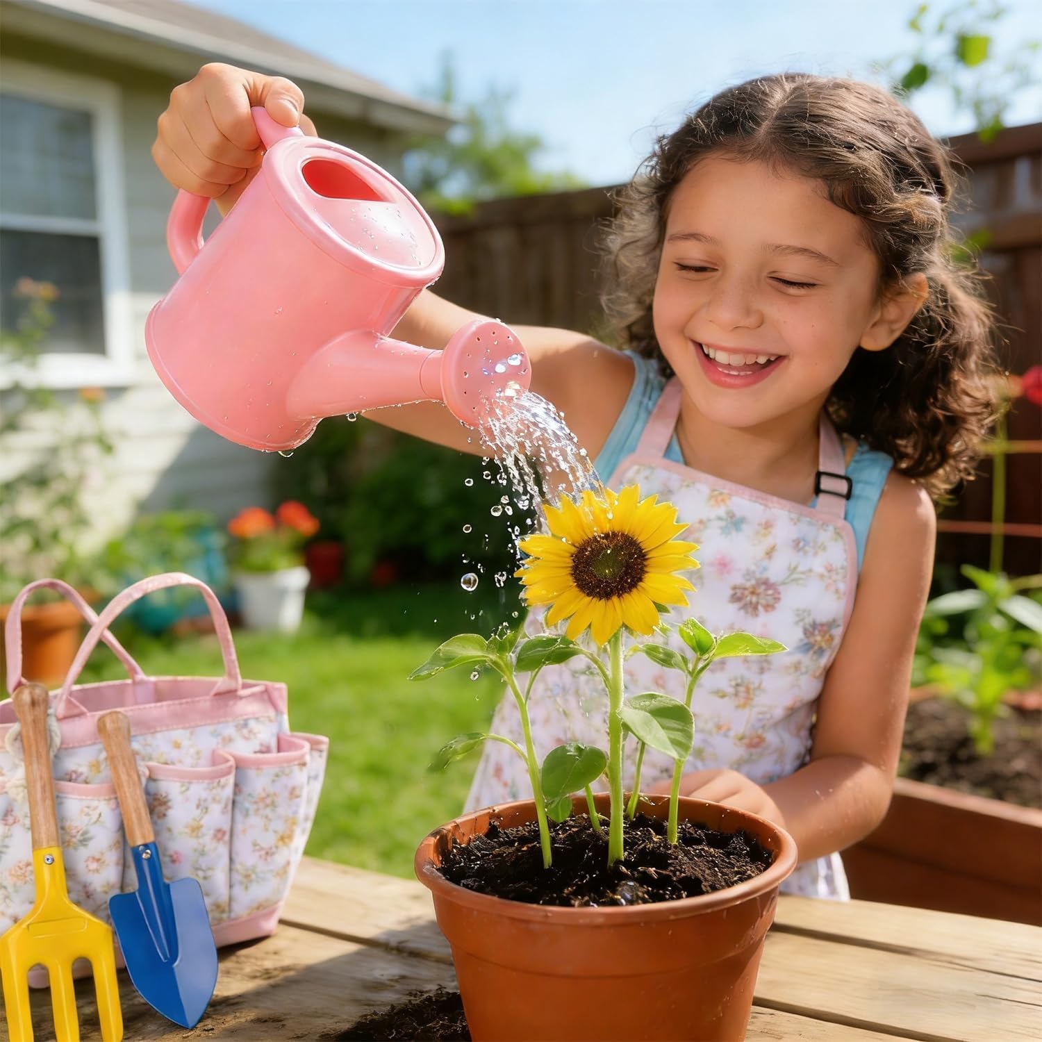 Detalle de Kids Gardening Tools Set Toddler Gardening Kit with Apron & Tote Bag, Shovel, Fork, Trowel and Gloves