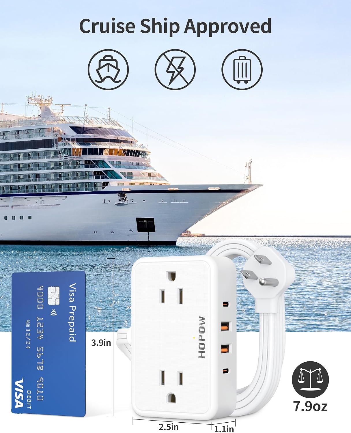 Detalle 2 de HOPOW QT460-CU Power Strip with Flat Plug, 6 ft Cord and 4 AC + 4 USB Ports