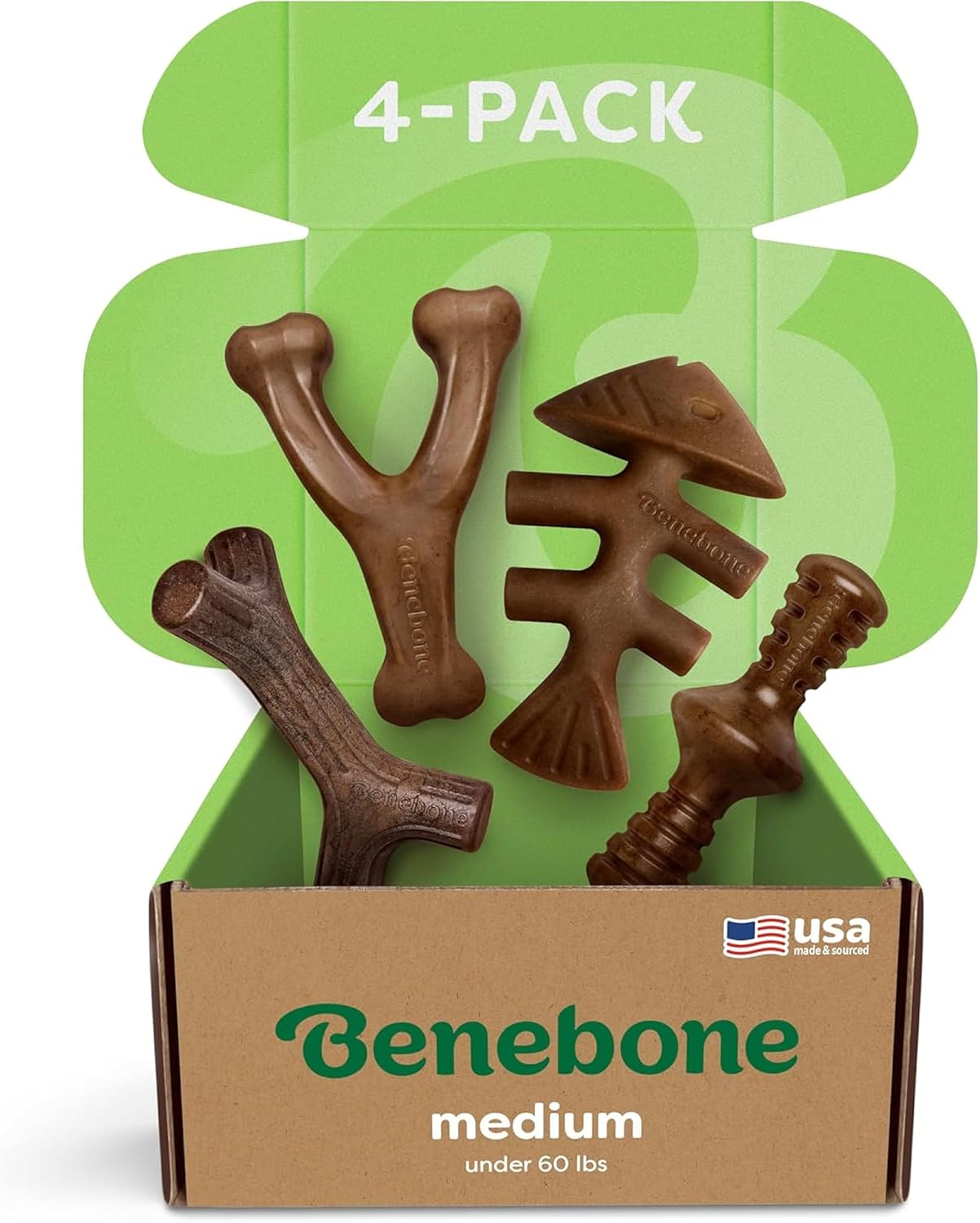 Benebone Boîte de Jouets à mâcher Durable pour Chien – Wishbone, Fishbone, bâton et zaggler (Taille M) Lot de 4