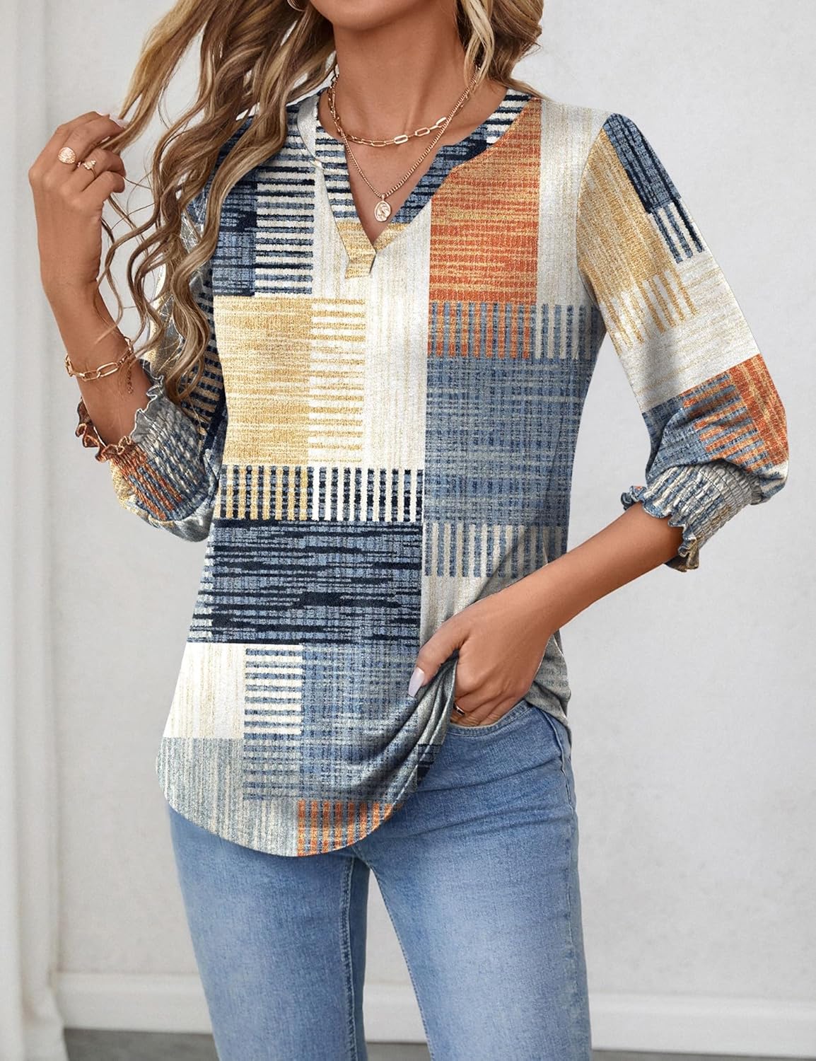 Thumbnail 2 de Rapbin Damen Bluse mit 3/4-Ärmeln, V-Ausschnitt und Blumenmuster – Tunika-Style für Sommer & Übergang