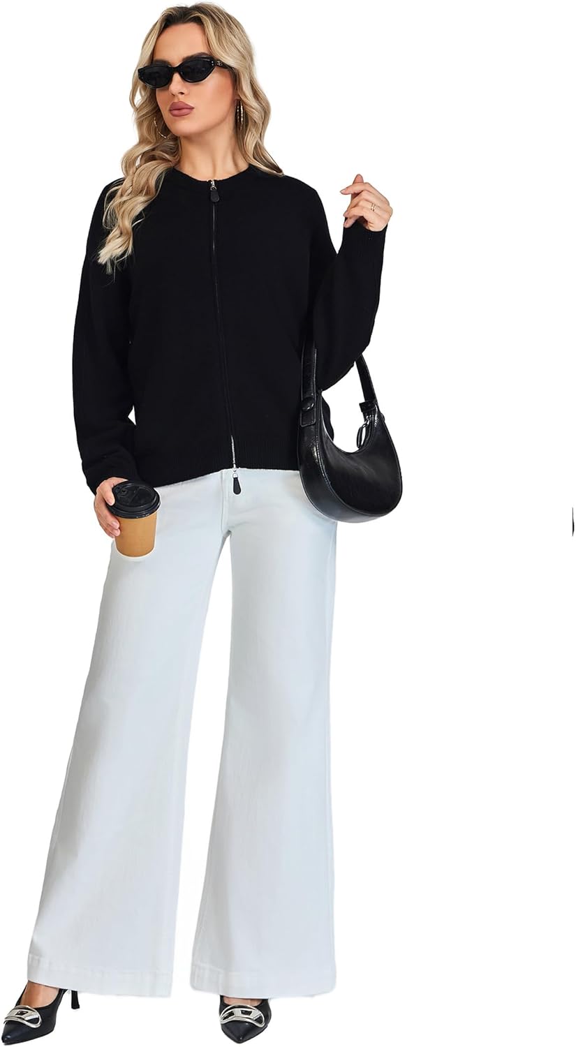 Detalle de VETLURY Damen Strickjacke aus Merinowolle mit Doppelreißverschluss – Rundhals Cardigan für Übergangszeiten