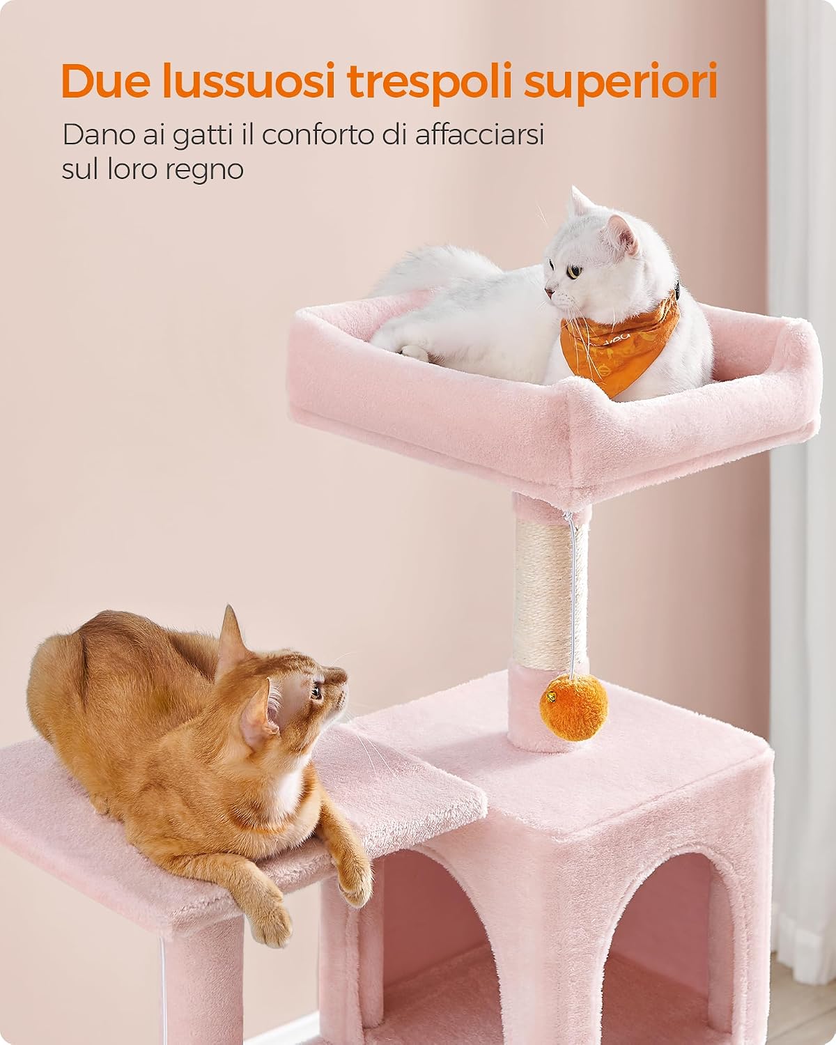 Detalle de Feandrea Albero per Gatti Alto 143 cm, tiragraffi multifunzione in peluche rosa pastello