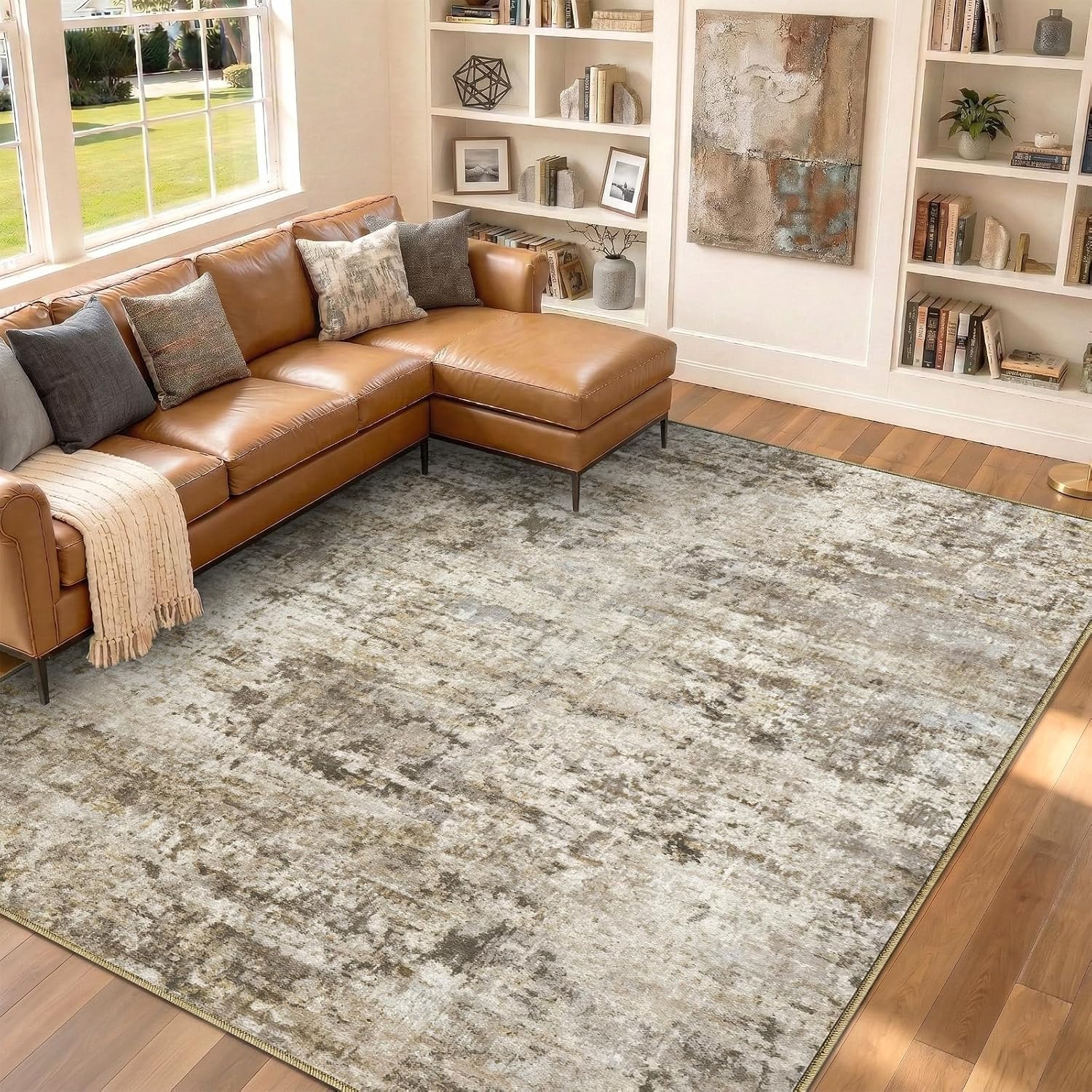 Detalle 2 de Syrlfar Brown10 x 14 Area Rug, Washable Low-Pile Polyester, Abstract Brown