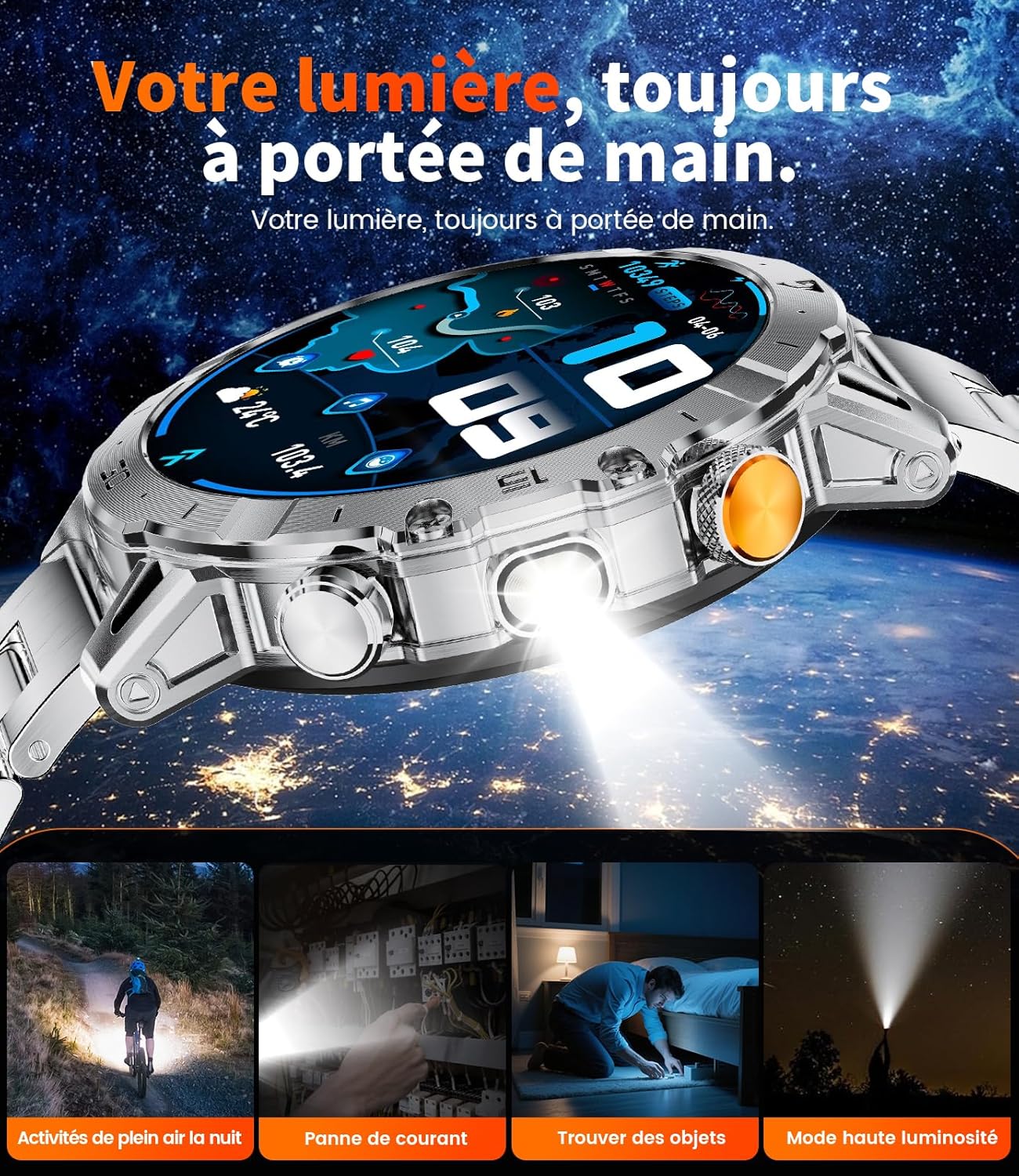Detalle de SUNKTA Montre Connectée Homme 1000 mAh – 1,7″ HD, 3 bracelets, Bluetooth appels, LED et suivi santé