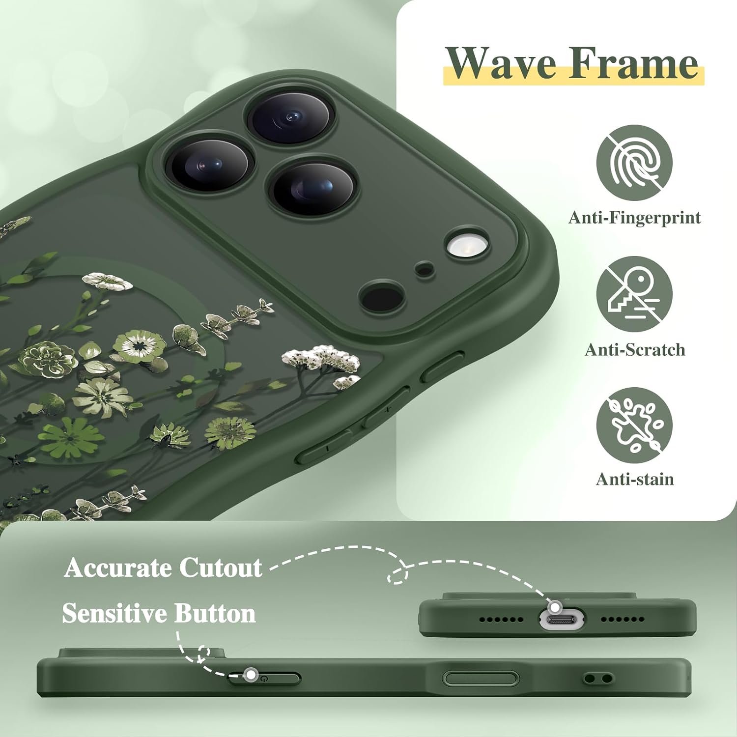 Thumbnail 5 de GVIEWIN Floral MagSafe Case for iPhone 18 Pro/17 Pro, Forest Green
