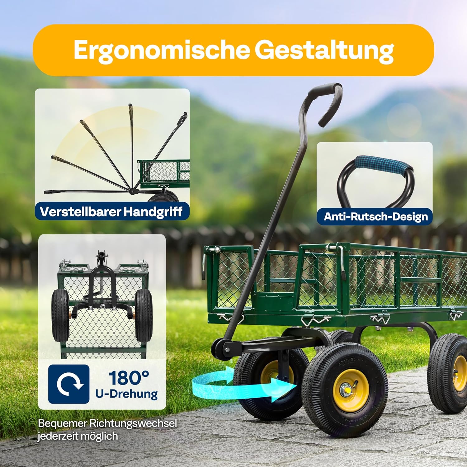 Thumbnail 5 de VIVOHOME Gartenwagen mit abnehmbaren Seiten und Luftreifen, Transportwagen bis 400 kg mit 180° drehbarem Griff