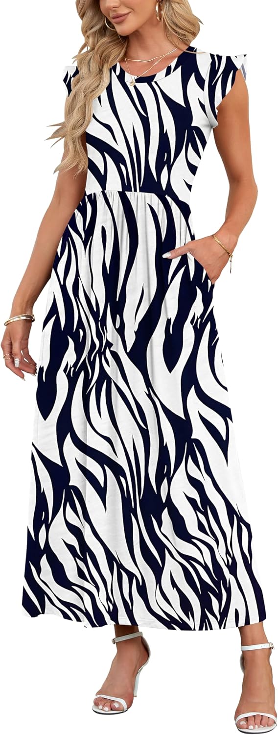 Detalle de AUSELILY Damen Sommer-Maxikleid mit Rundhalsausschnitt, Rüschenärmeln und Taschen