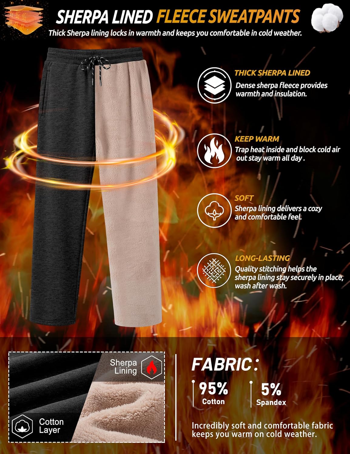 Detalle 2 de TACVASEN Men's Sherpa-Lined Fleece Sweatpants, Drawstring Waist, Open Bottom