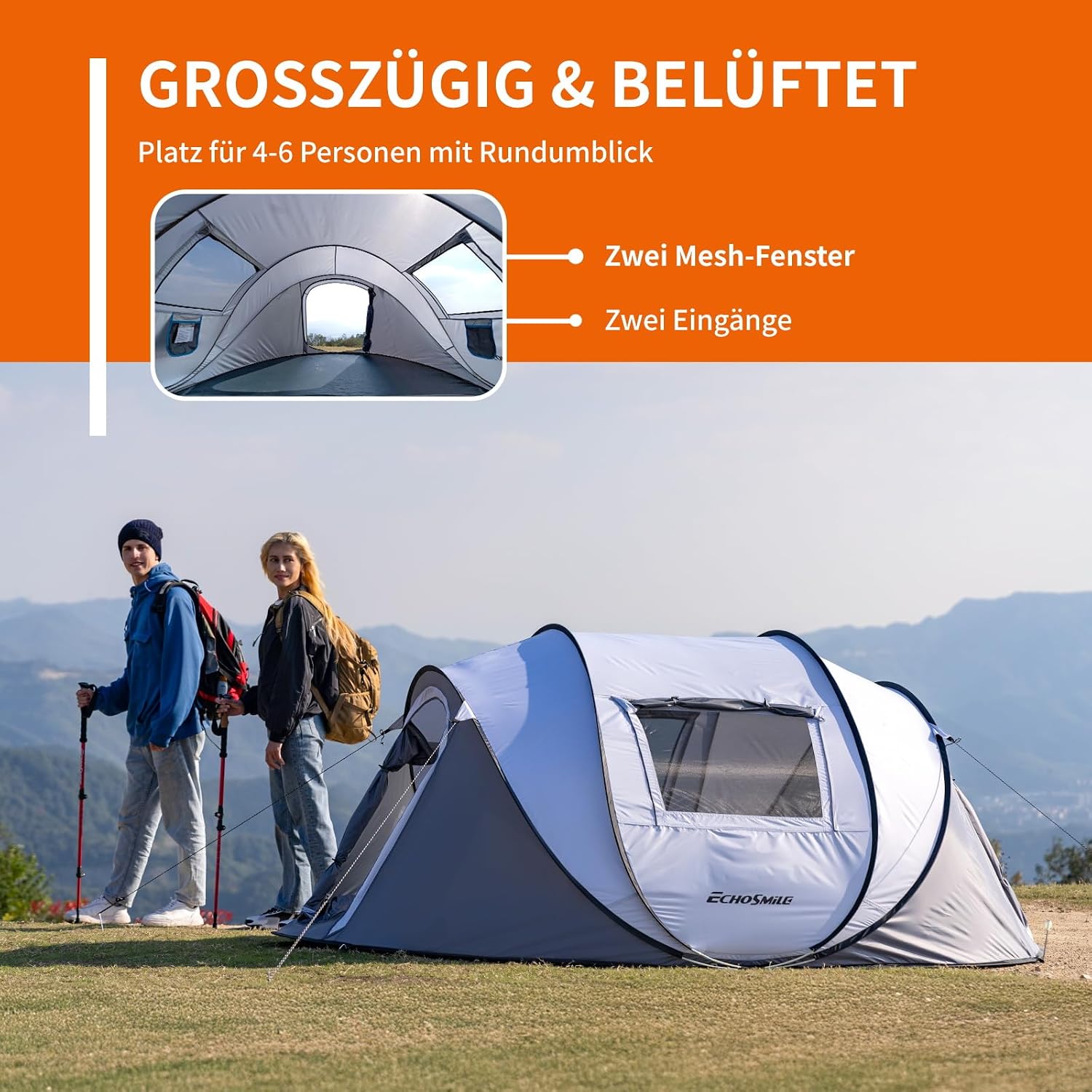 Detalle de EchoSmile Pop-up Zelt für 4–8 Personen – Wurfzelt wasserdicht mit 2 Belüftungsfenstern