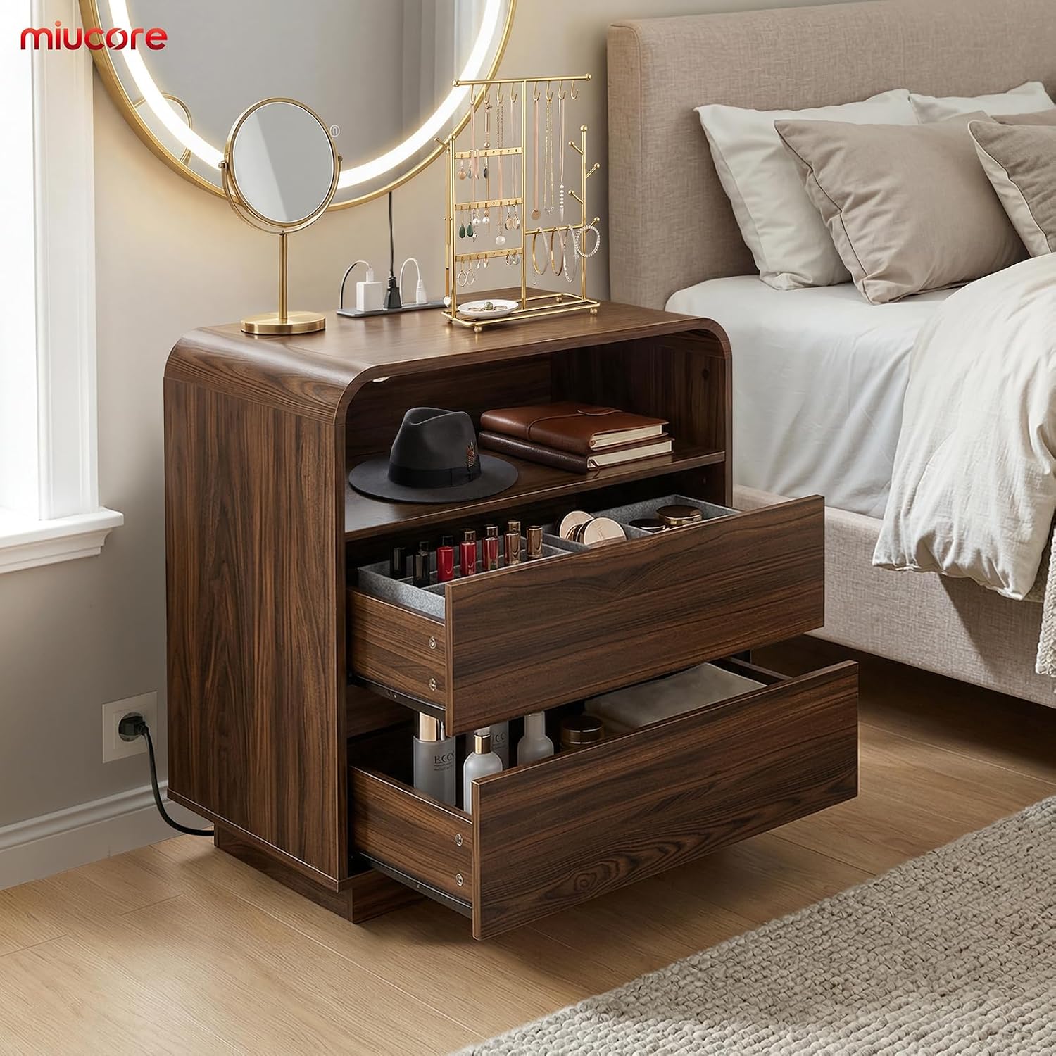 Thumbnail 6 de Miucore FN-NS002 Walnut Nightstand with Charging Station and 2 Drawers