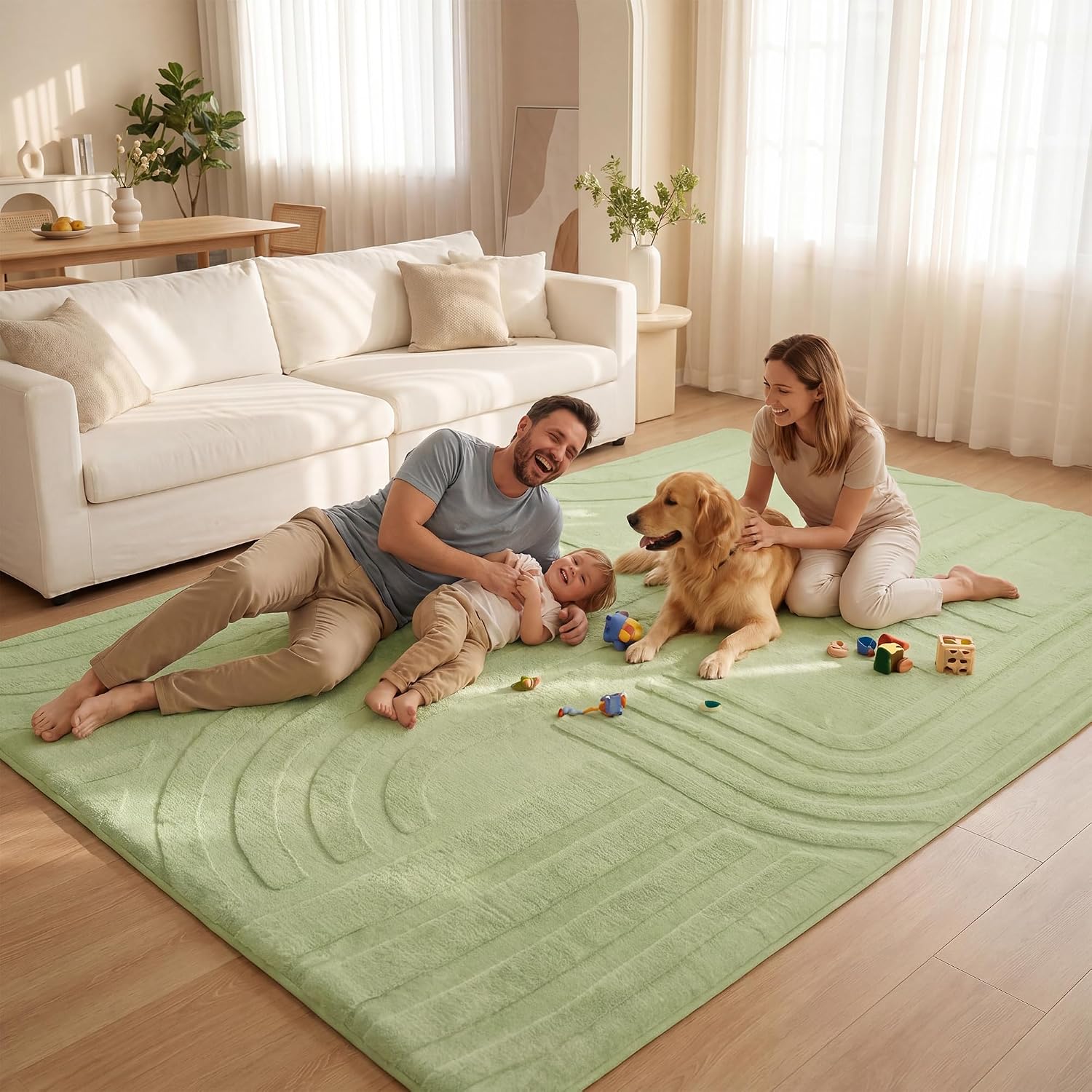 Detalle 2 de Huloo Sleep 1.3-Inch Fluffy Baby Play Mat, Sage Green, 3D Carved, 4' x 6