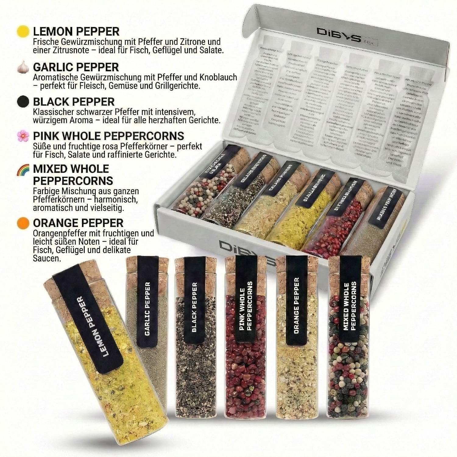 Thumbnail 1 de DIBYS Pfeffer Gewürze Set 6x – Geschenkset Pfeffer-Variationen im Reagenzglas