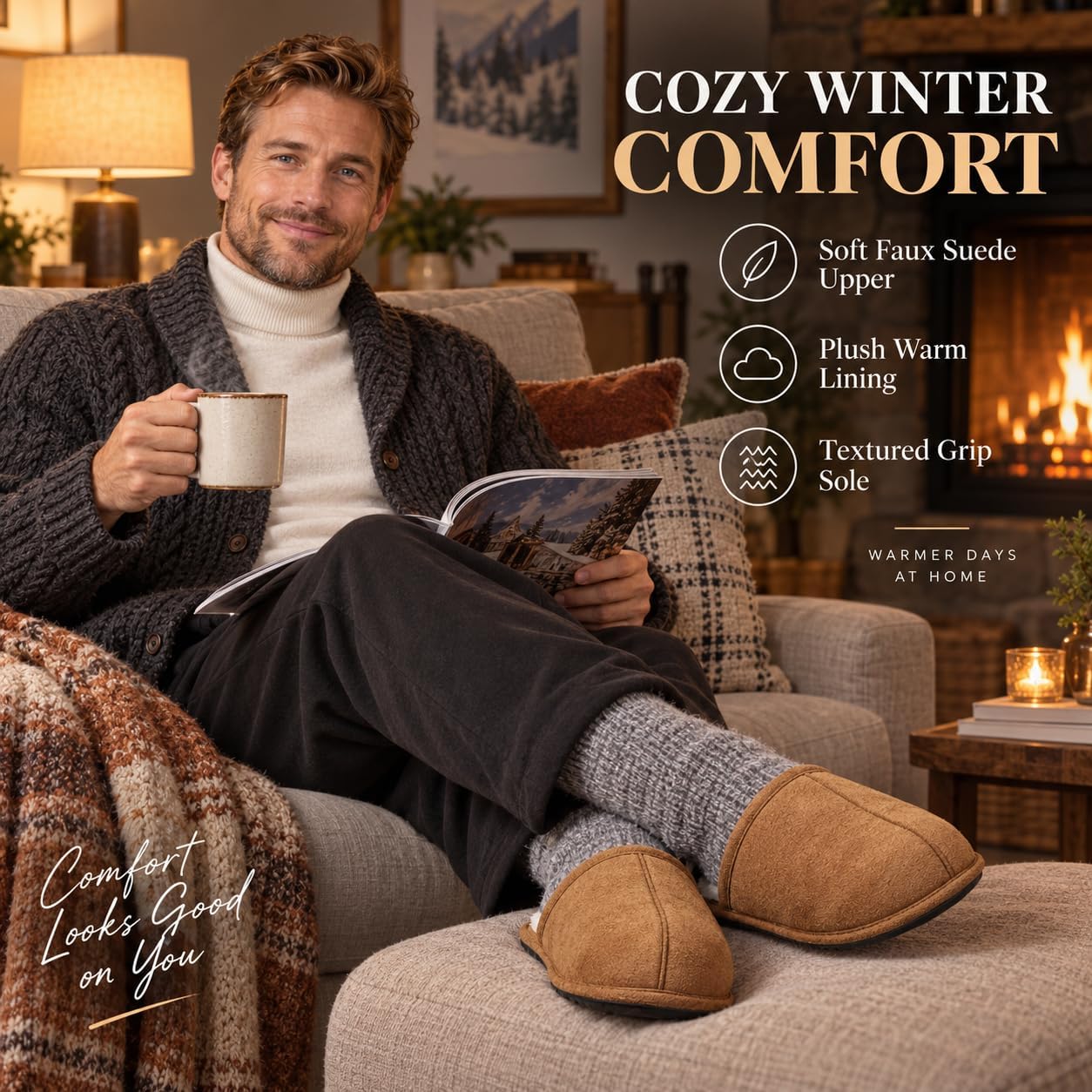 Detalle 2 de JOMIX herenpantoffels, klassiek bont en zacht pluche voor de winter