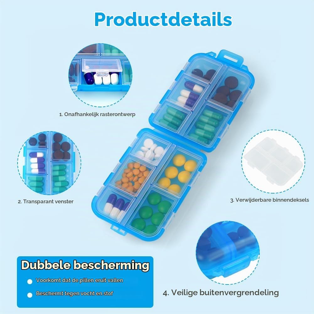 Detalle de ACWOO pillendoos met 10 vakjes, blauw kunststof en kliksluiting