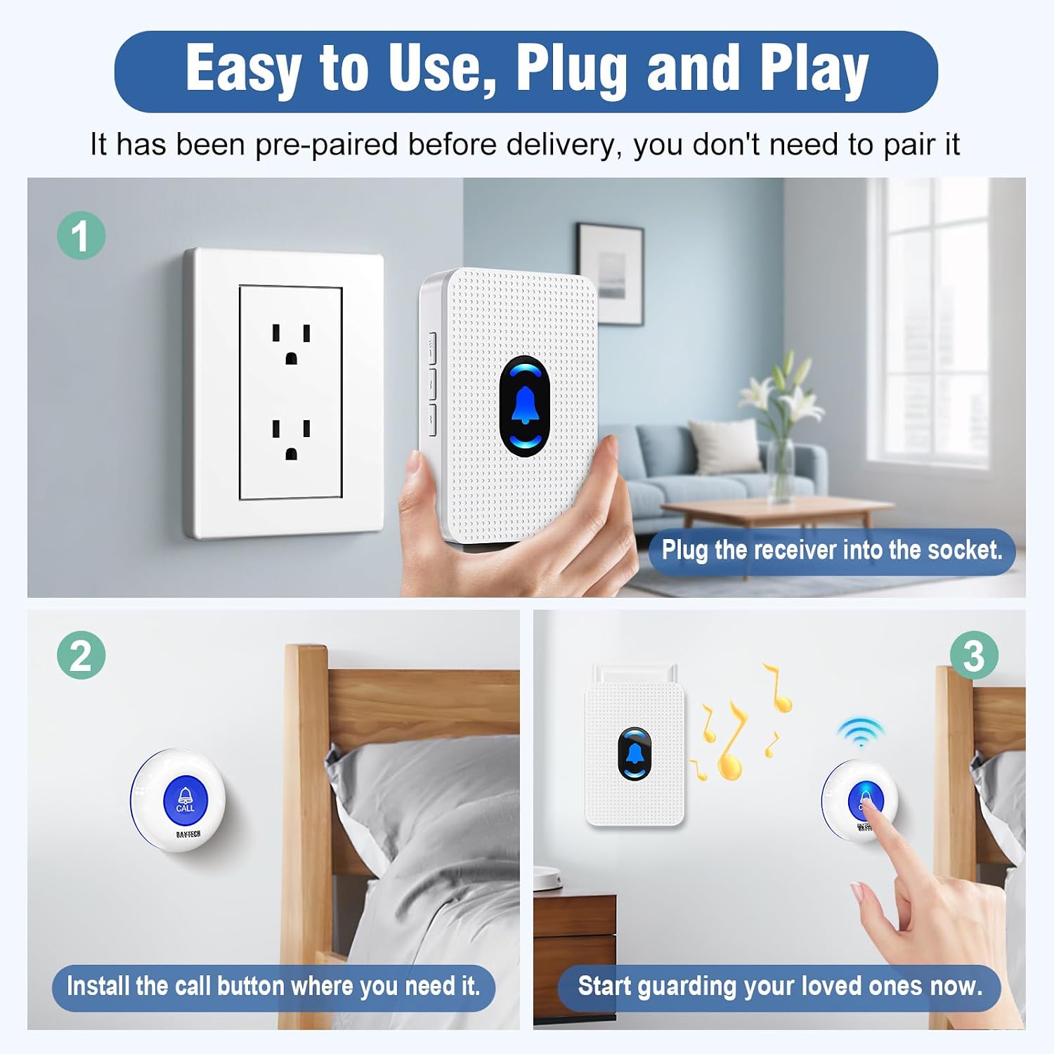 Detalle de Daytech LC02 2+1 Caregiver Pager, Two Blue Buttons, 500 ft Range